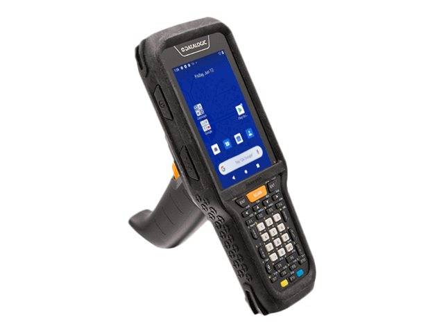 Robustes tragbares Barcode-Lesegerät mit integriertem Touchscreen und physischer Tastatur, dargestellt in einer schützenden schwarzen Schutztasche.