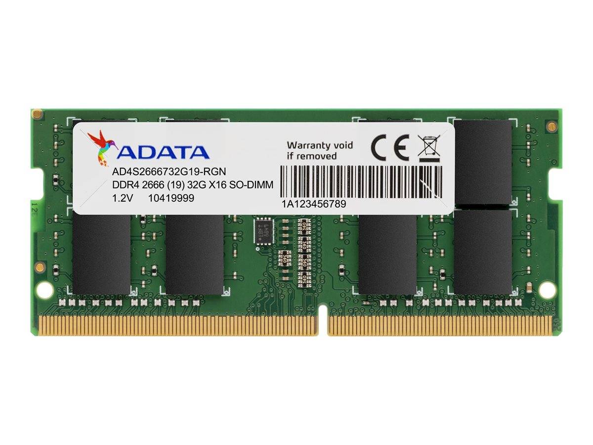 Grünes ADATA DDR4-Laptop-RAM-Modul mit 32GB-Beschriftung, DDR4 2666 SO-DIMM, frontal dargestellt mit Gewährleistungs- und Zertifizierungszeichen.