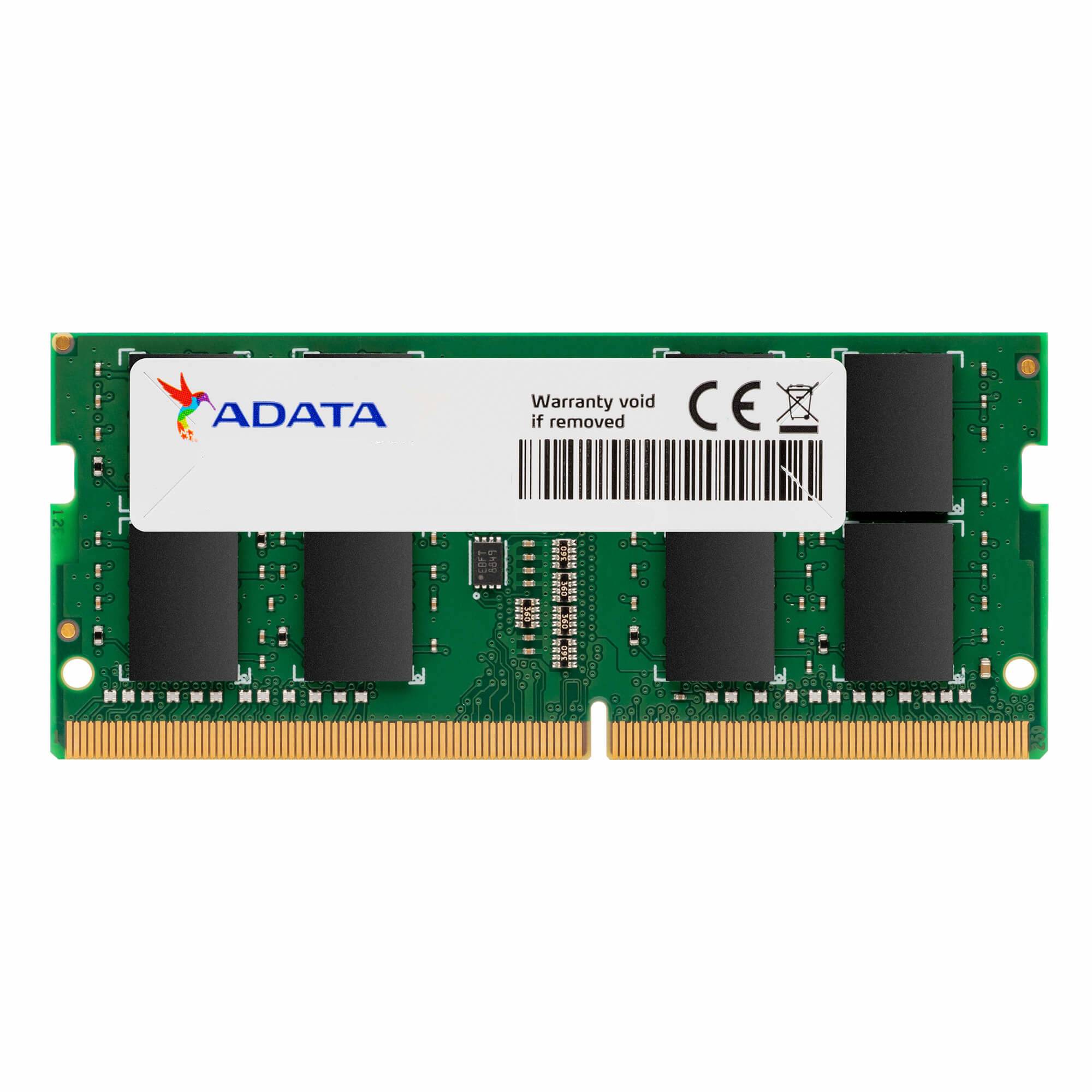 ADATA-Computerspeichermodul mit grüner Leiterplatte, schwarzen Chips und weißem Etikett mit Barcode und Garantievermerkt.