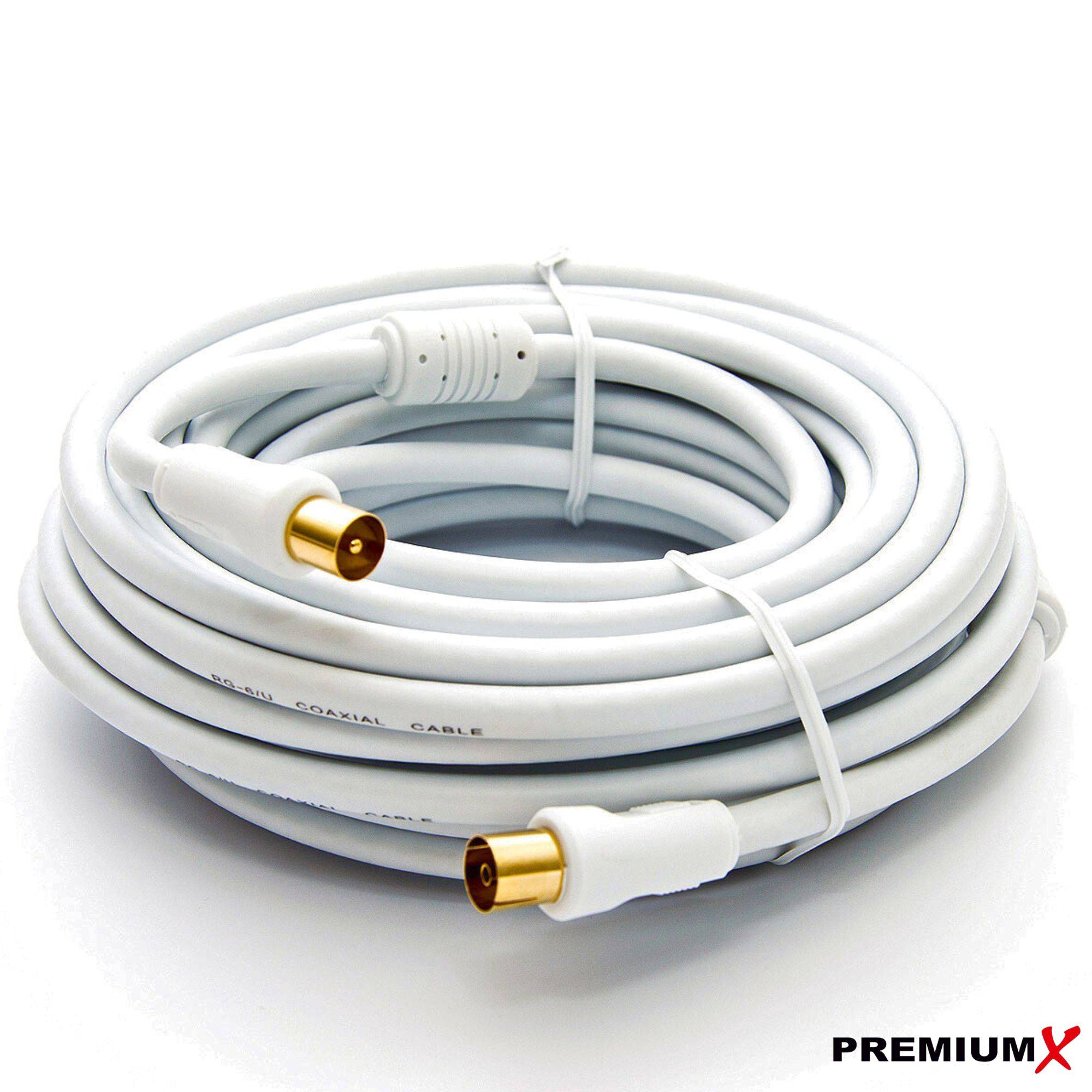 Ein aufgewickeltes weißes Koaxialkabel mit vergoldeten Anschlüssen. Die Markierung 'PREMIUM X' ist in der unteren rechten Ecke sichtbar.