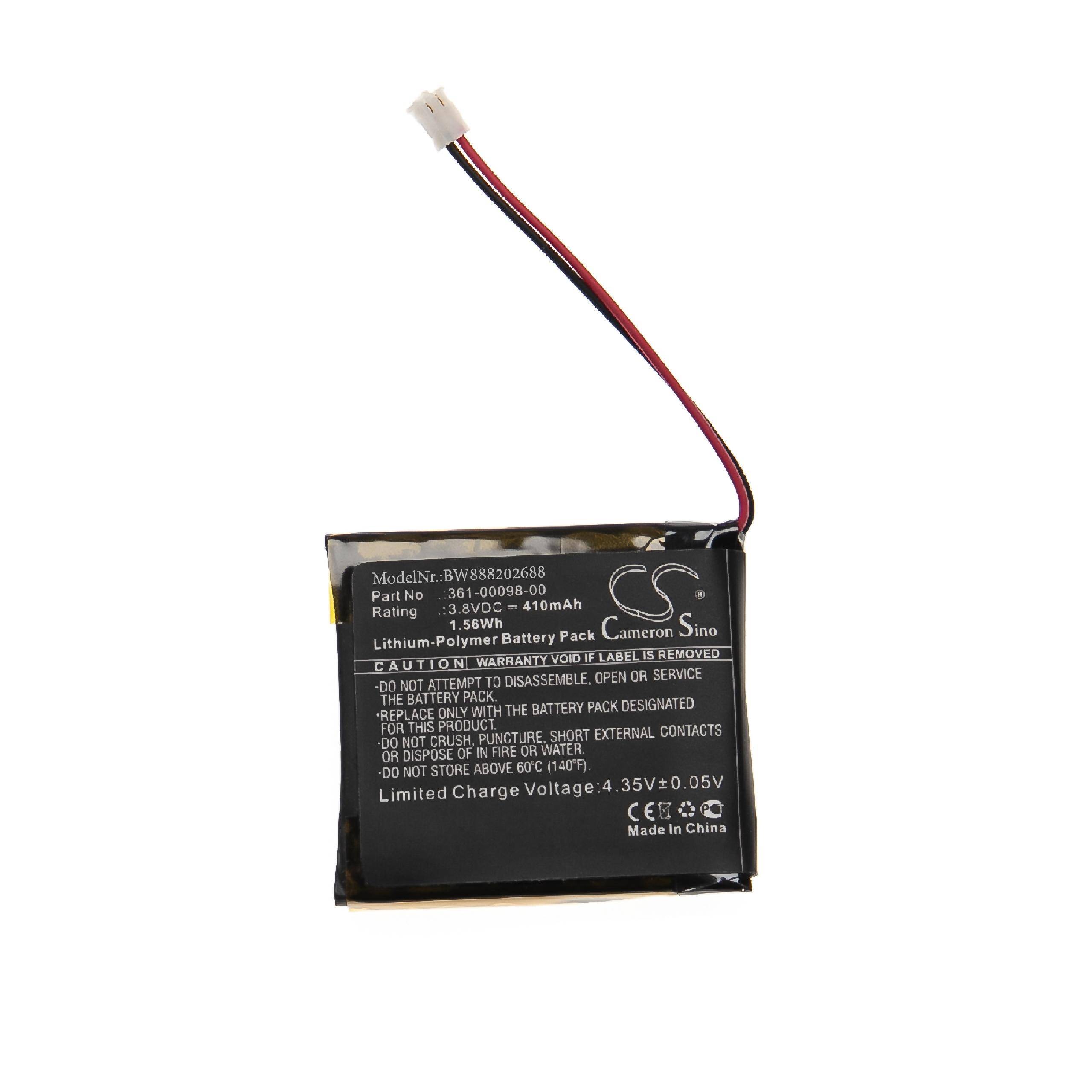 Ein rechteckiger Lithium-Polymer-Akku mit angeschlossenen schwarzen und roten Drähten, beschriftet mit „Rating: 3,6V 400mAh, 9,6Wh