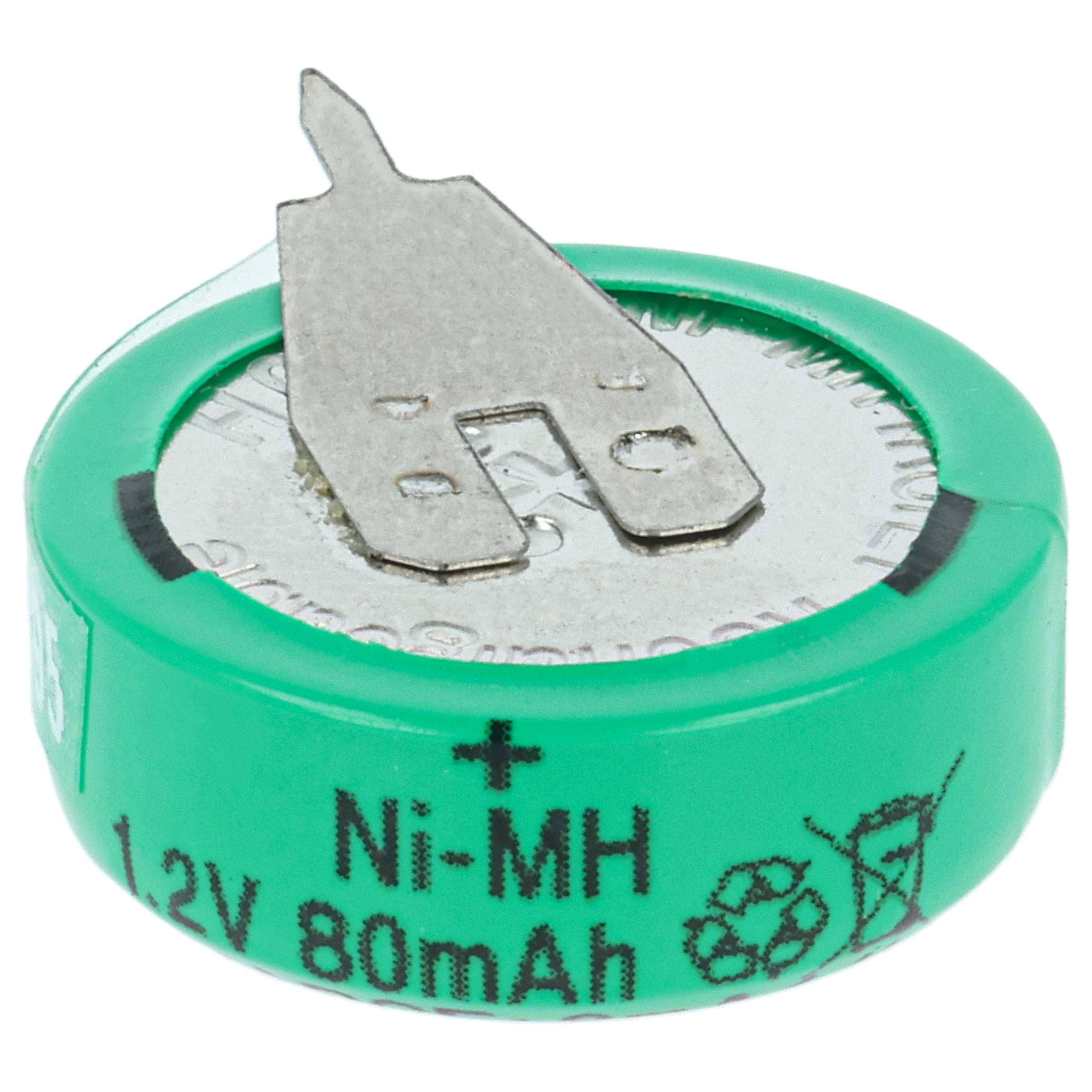 Nahaufnahme einer grünen Ni-MH 1,2V 80mAh wiederaufladbaren Batterie mit Metallklemmen oben.
