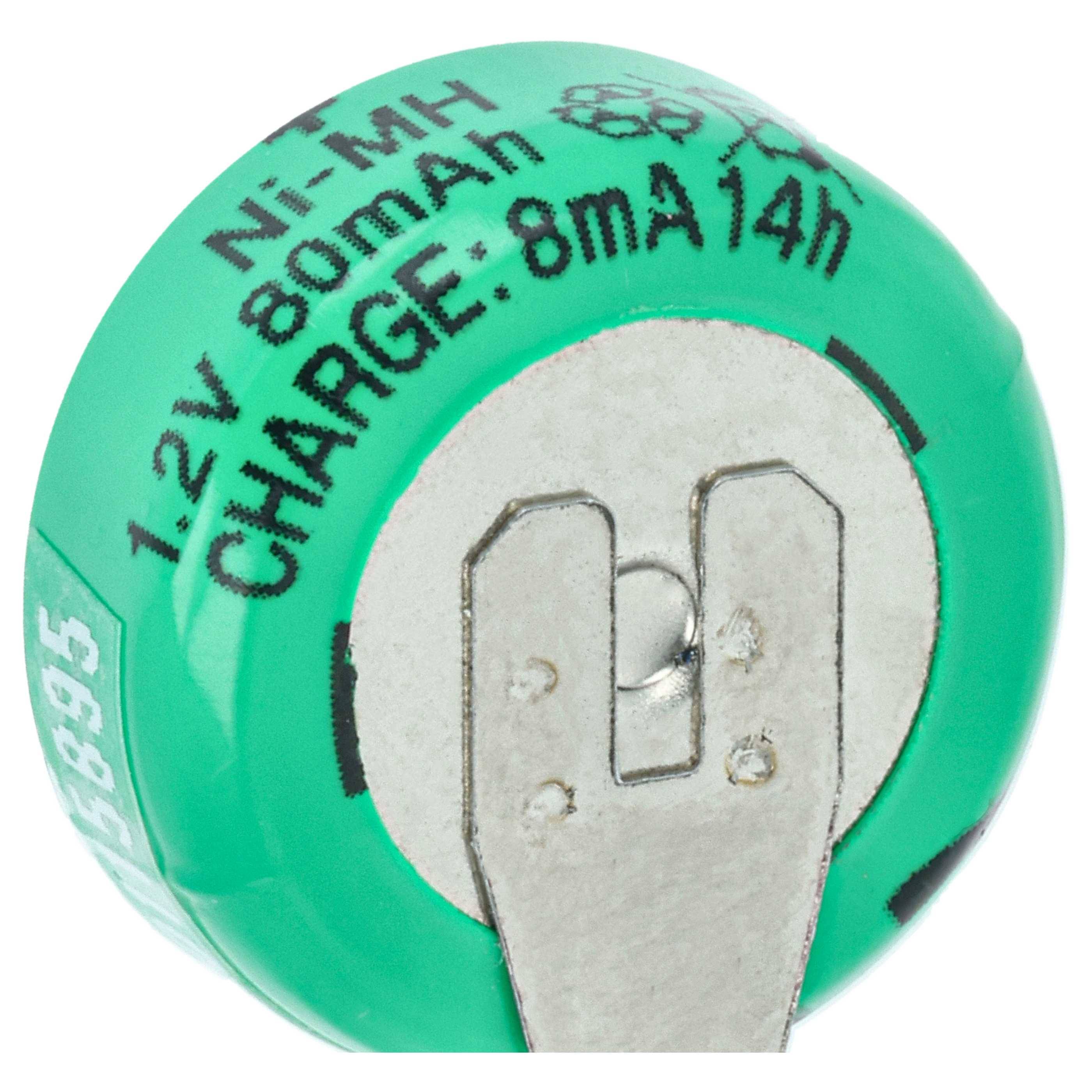 Grüne aufladbare 1,2V Ni-MH Knopfbatterie mit Metallkontakten, beschriftet mit „80mAh