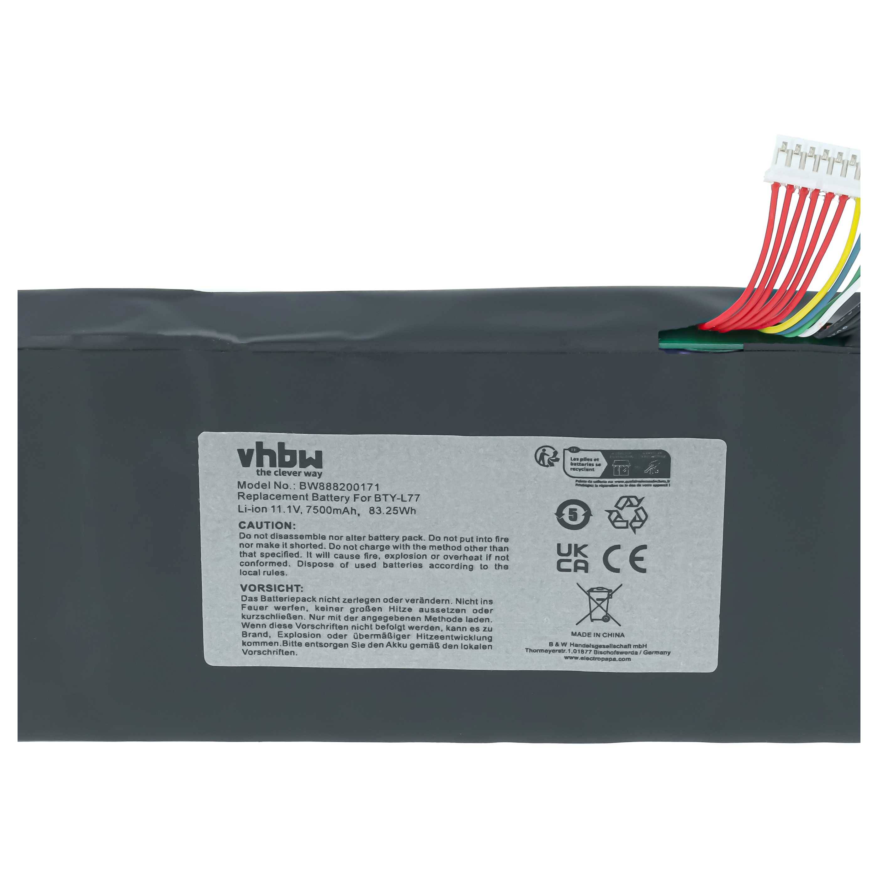vhbw Akku kompatibel mit MSI GT72 2QD-288XPL, GT72 2QE, GT72-2QD8H11BW, GT72 2QD-292XCN Notebook (7500 mAh, 11,1 V, Li-Ion)