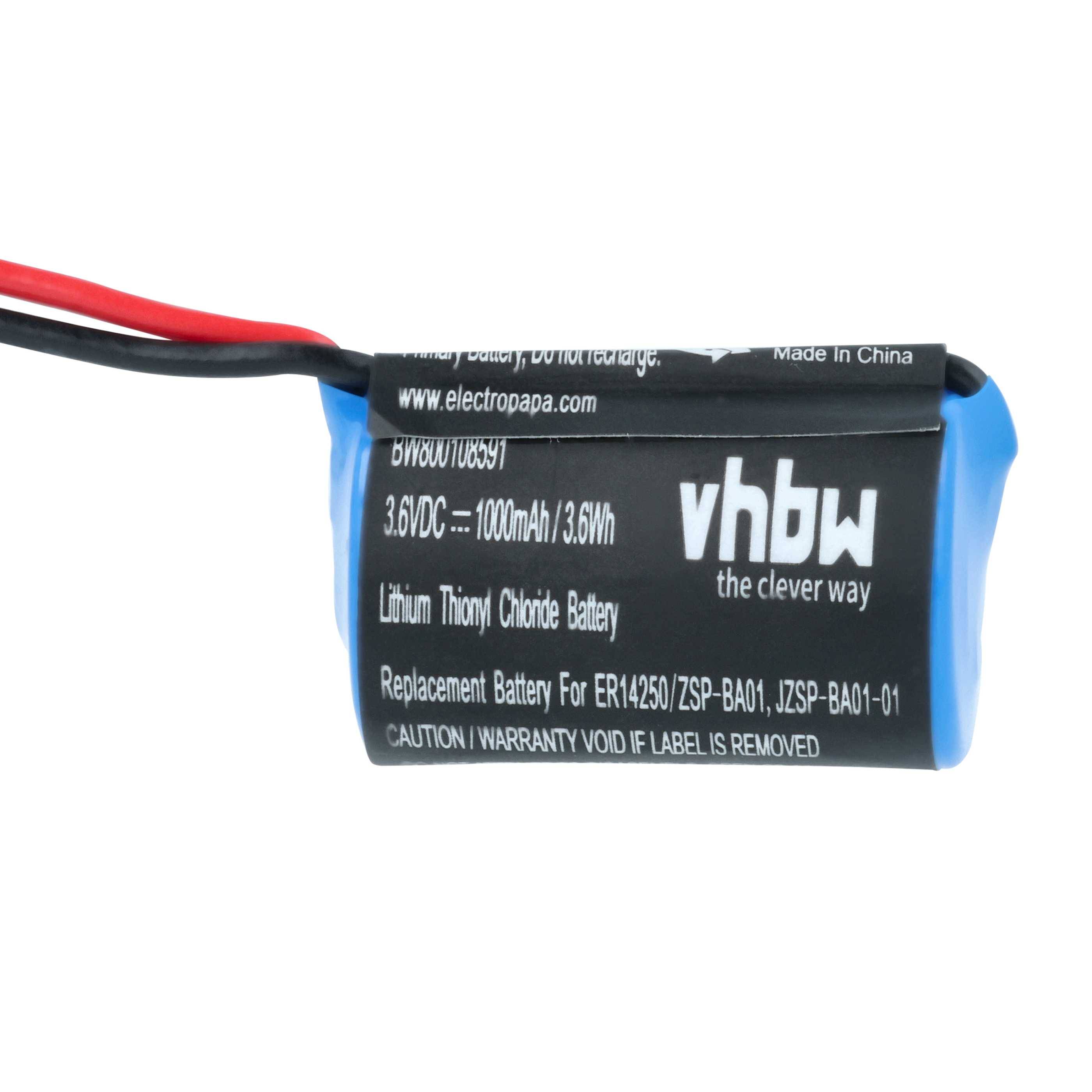 Eine blaue und schwarze zylindrische Lithium-Thionylchlorid-Batterie mit der Aufschrift 