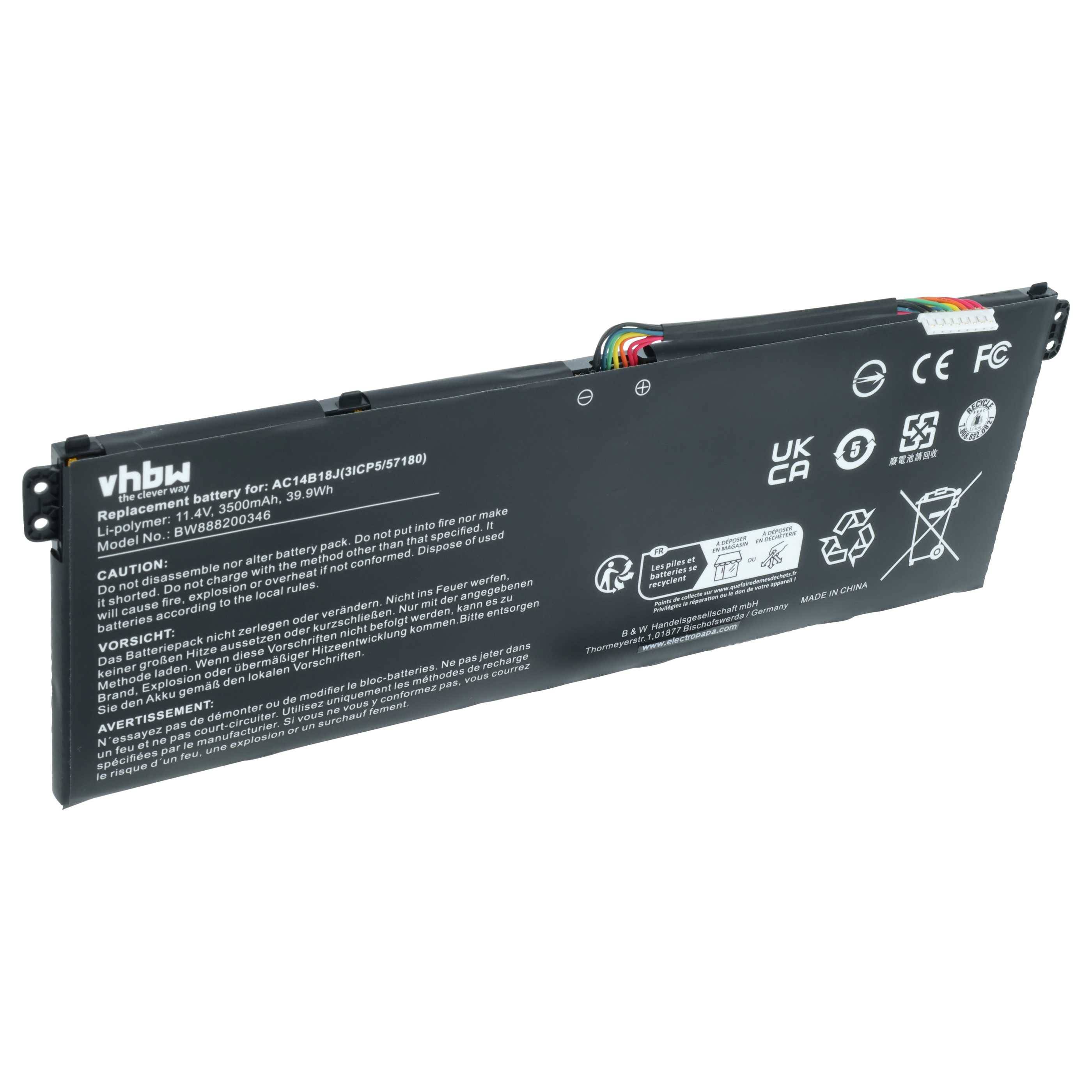 vhbw Akku kompatibel mit Acer Aspire ES1-512-C3X9, ES1-512-C4DW, ES1-512-C4T5, ES1-512-C50S Notebook (3500 mAh, 11,4 V, Li-Polymer)