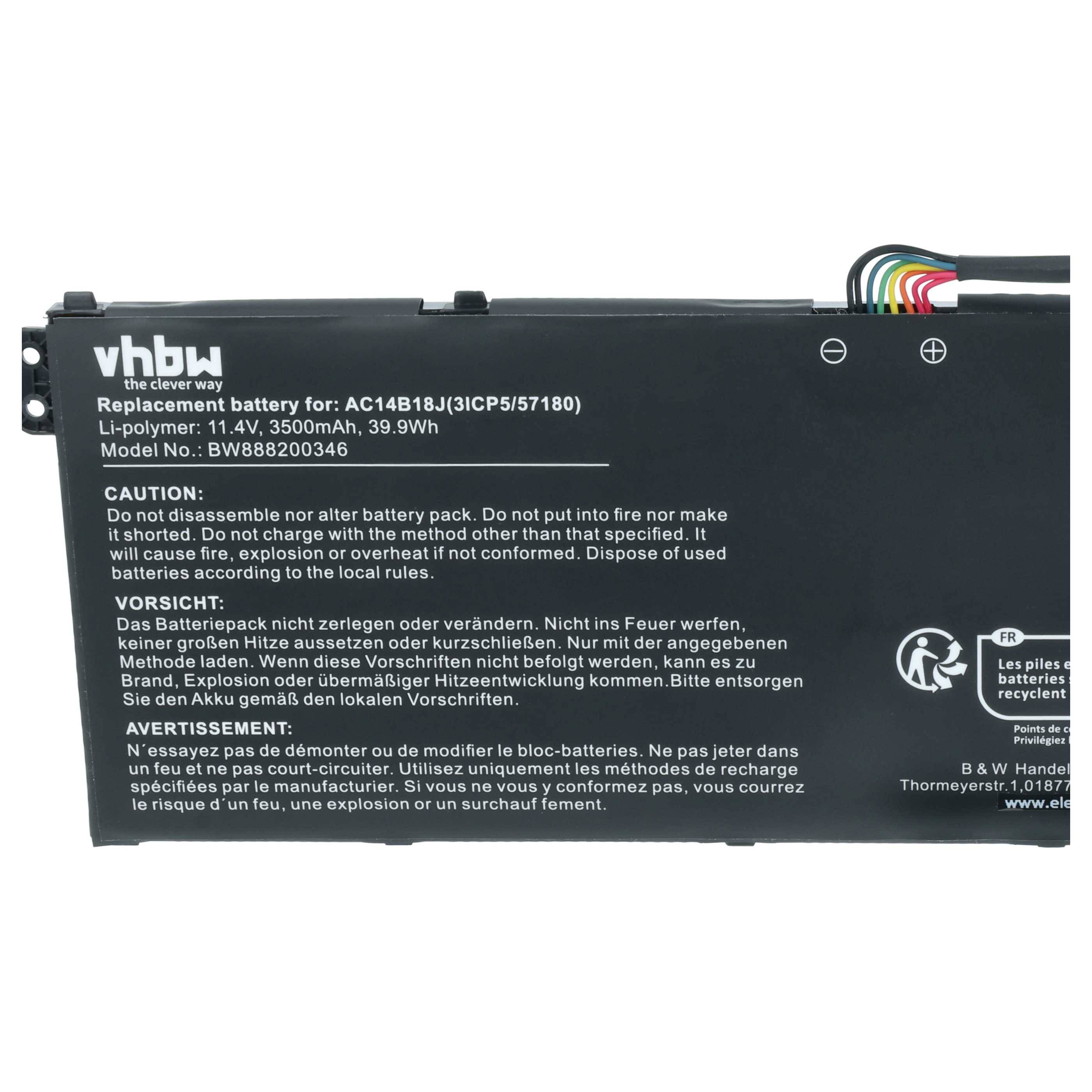 vhbw Akku kompatibel mit Acer Aspire ES1-512-C3X9, ES1-512-C4DW, ES1-512-C4T5, ES1-512-C50S Notebook (3500 mAh, 11,4 V, Li-Polymer)