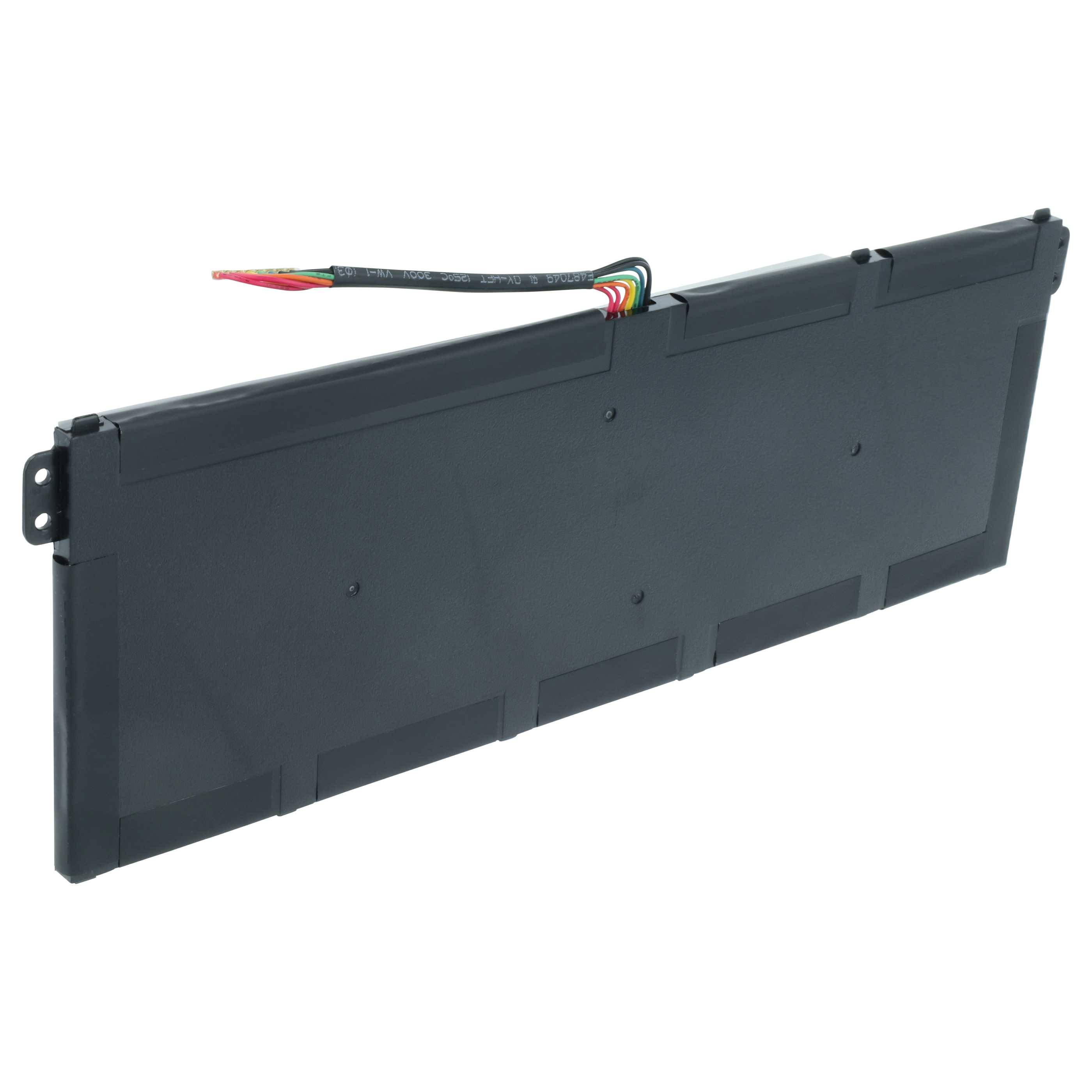 Schmales schwarzes rechteckiges Batteriepack mit angebrachten mehrfarbigen Drähten und Montagelaschen, dargestellt auf weißem Hintergrund.
