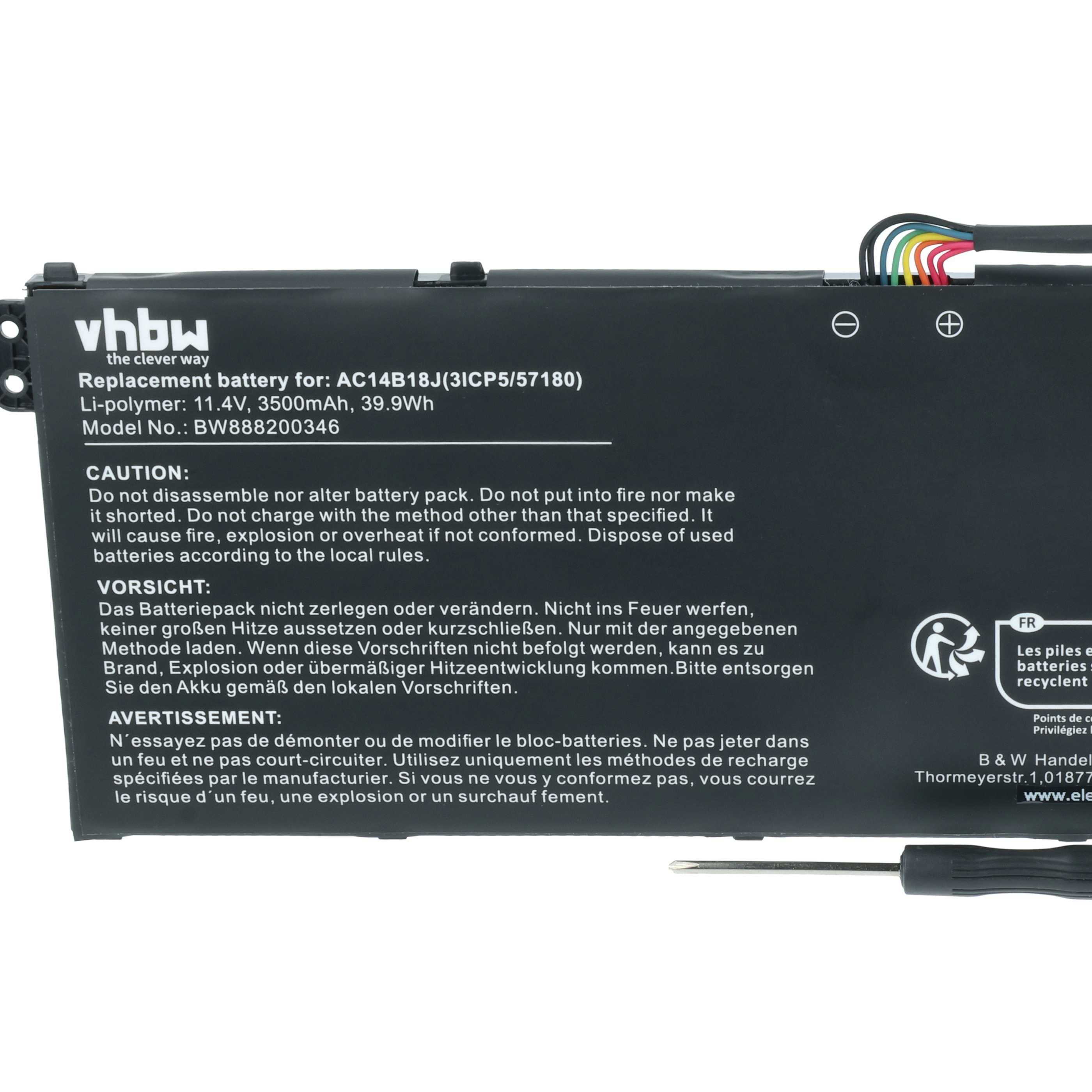 Eine Lithium-Polymer-Batterie für einen Laptop, 11,1V, 3500mAh, 39,9Wh. Sie enthält Warnhinweise zur sachgemäßen Verwendung und Entsorgung. Modell-Nr. BWB800H236.