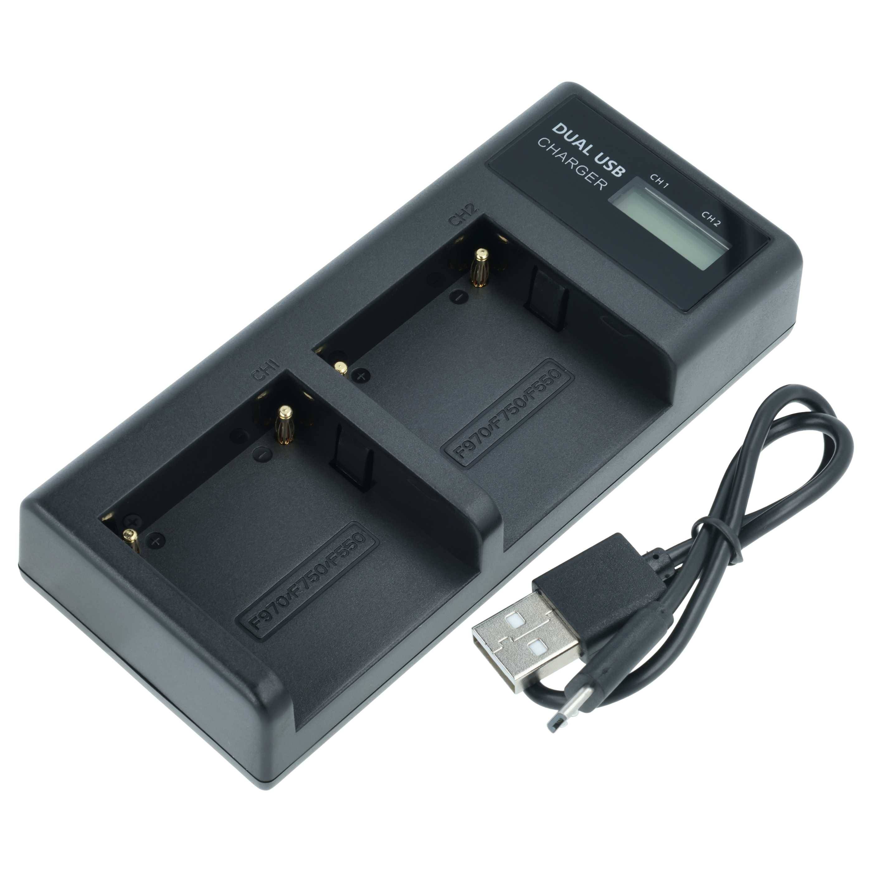 Ein Dual-Slot-USB-Ladegerät mit zwei Batteriefächern, mit der Beschriftung 