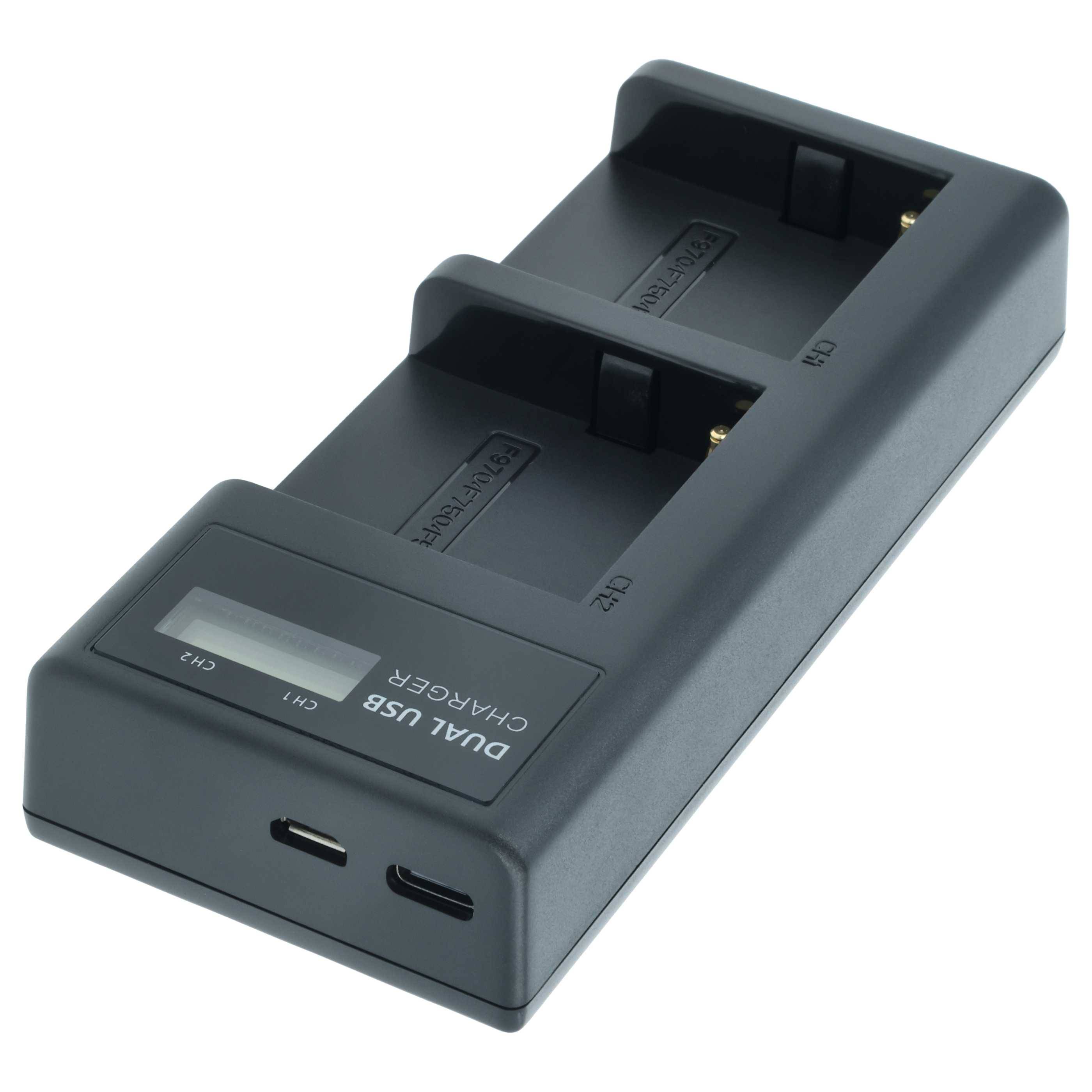 Dualer USB-Ladegerät mit zwei Ladeanschlüssen, gekennzeichnet als 'CH1' und 'CH2', konzipiert zum Aufladen von Geräten und ausgestattet mit einer digitalen Anzeige.