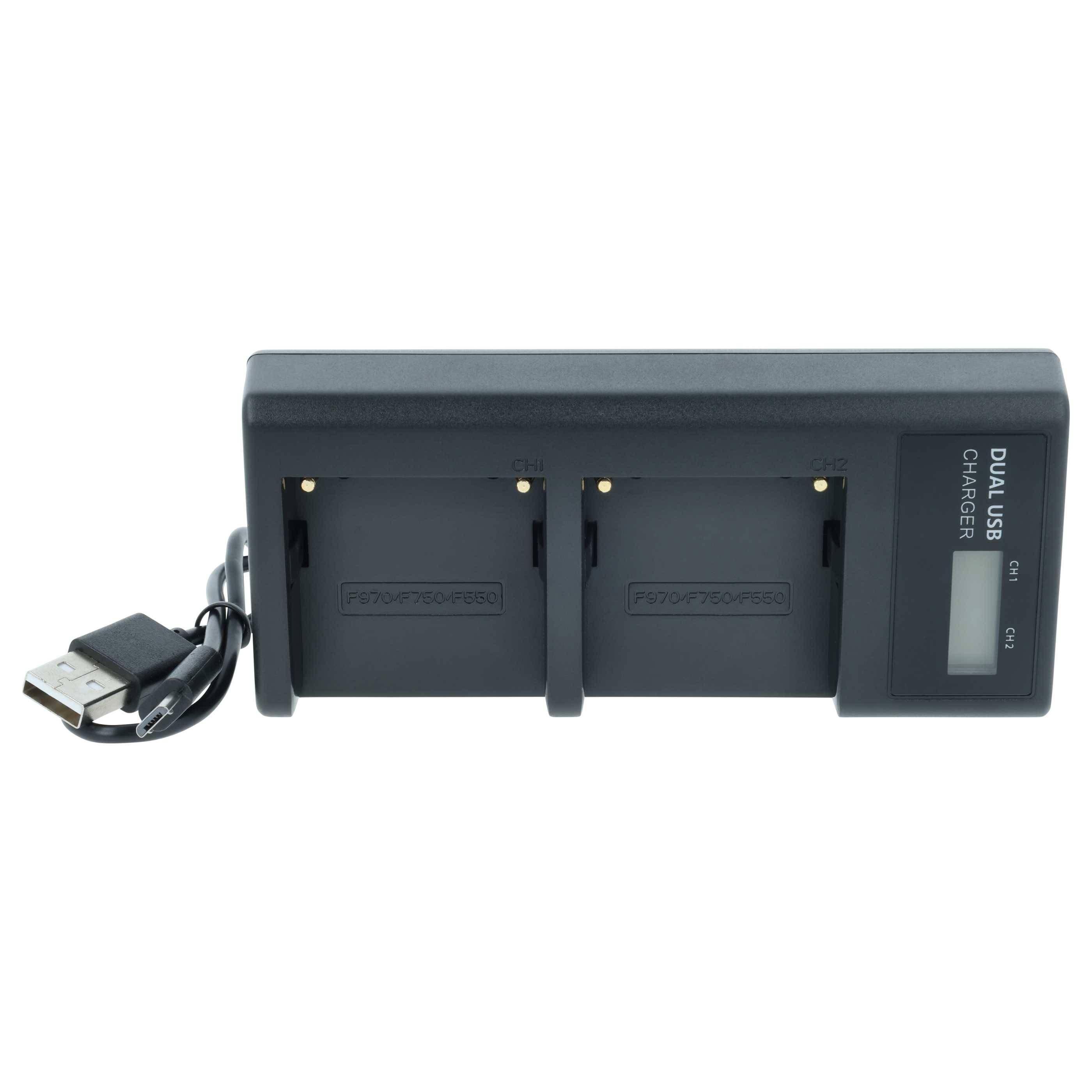 Dual-USB-Ladegerät mit zwei Akkufächern und angeschlossenem USB-Kabel. Ein kleines Display zeigt den Ladestatus an.