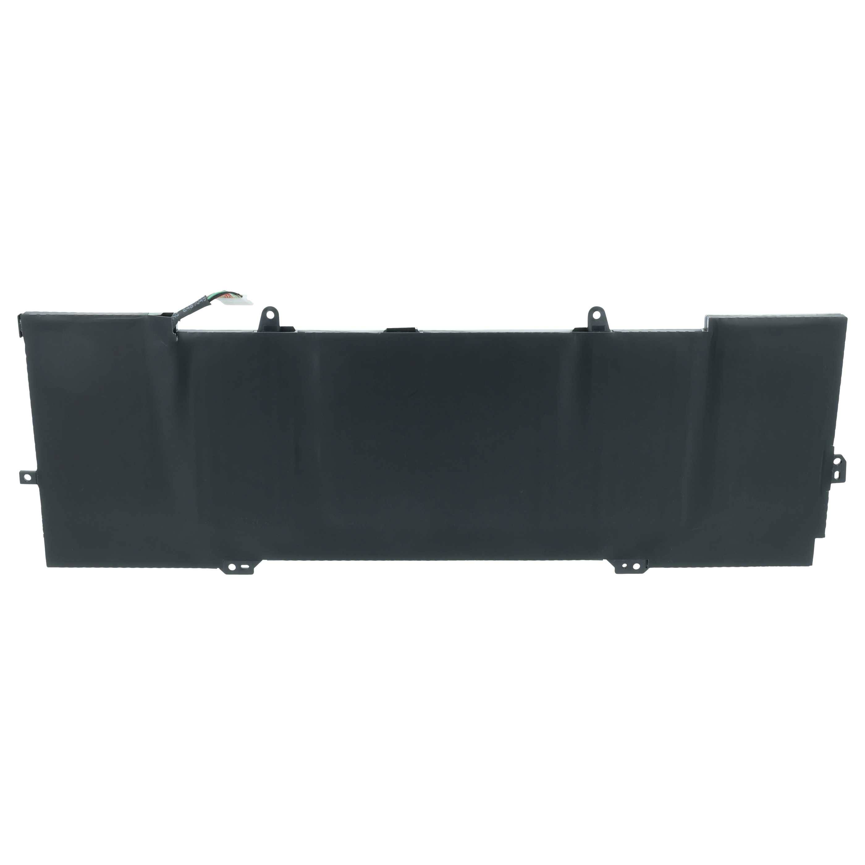 Eine flache, rechteckige schwarze Laptop-Batterie mit einem Anschlusskabel an der oberen linken Ecke vor einem weißen Hintergrund.