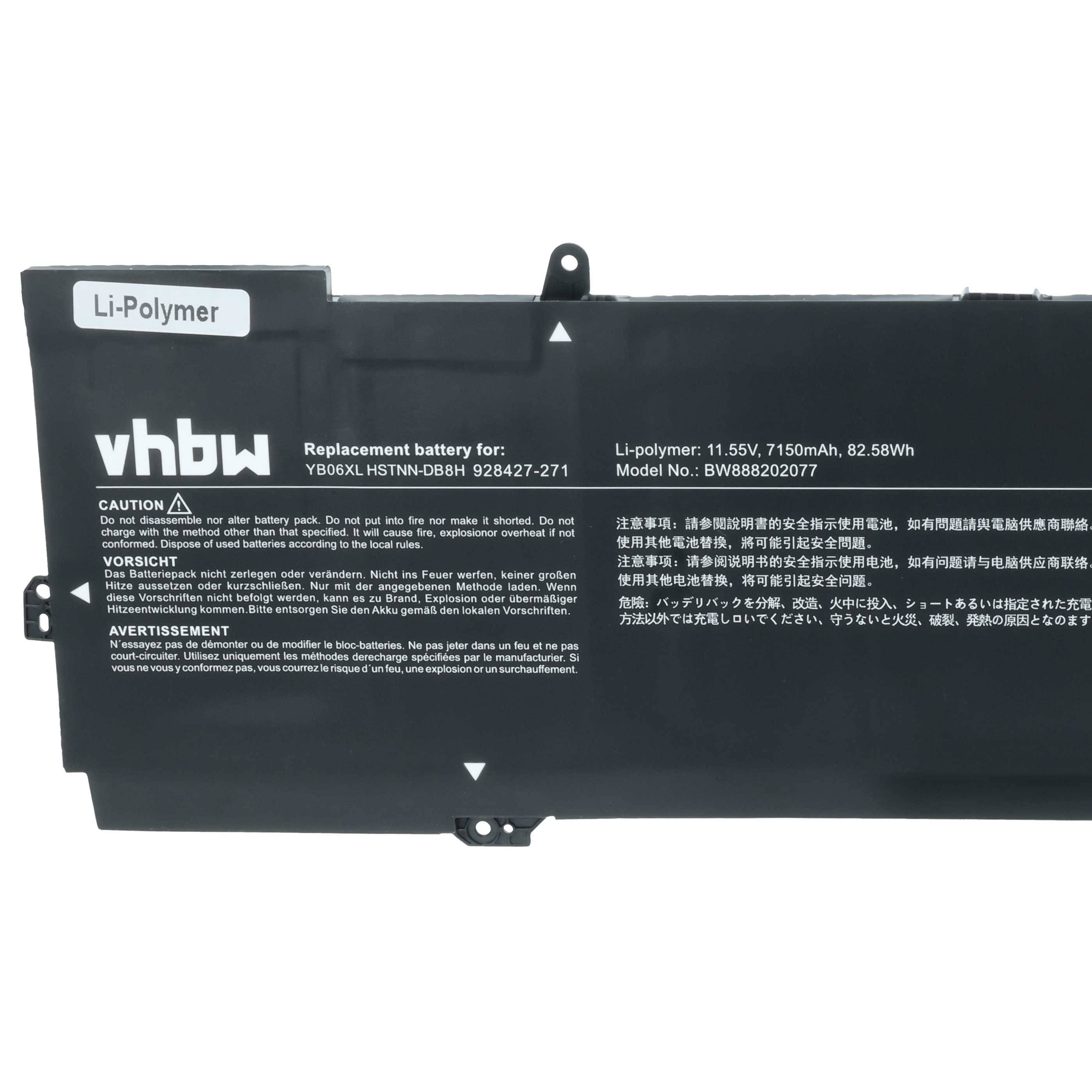 Li-Polymer-Akku für YB06XL, 11,55V, 7150mAh, Modell BV0808220071. Schwarze Farbe mit Sicherheits- und Gebrauchsanweisungen, die darauf gedruckt sind.