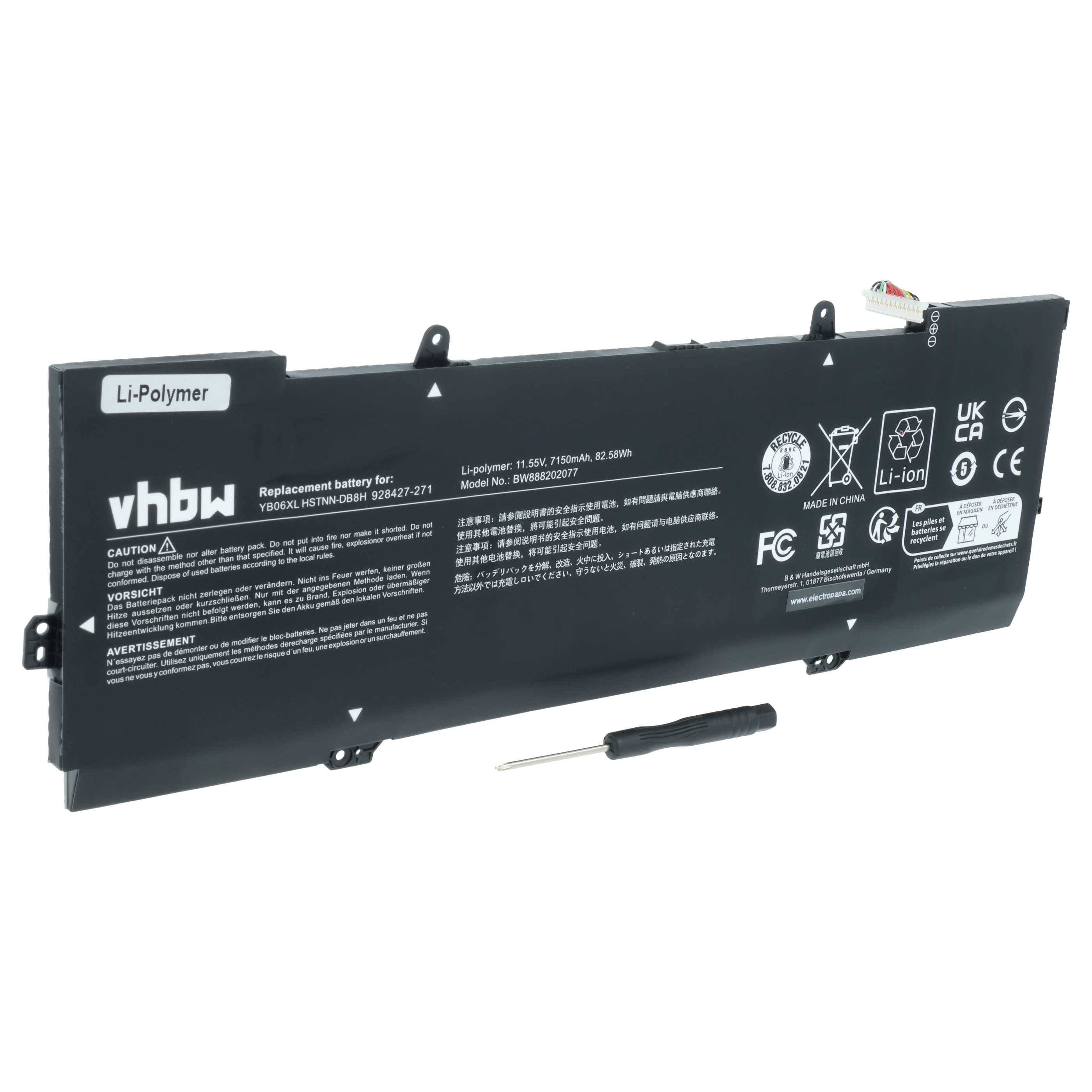 Eine rechteckige schwarze Laptopbatterie mit der Aufschrift 'vhbw', versehen mit Zertifizierungslogos und Spezifikationen, darunter 15,2V und 71,9Wh. Ein kleiner Schraubendreher liegt daneben.