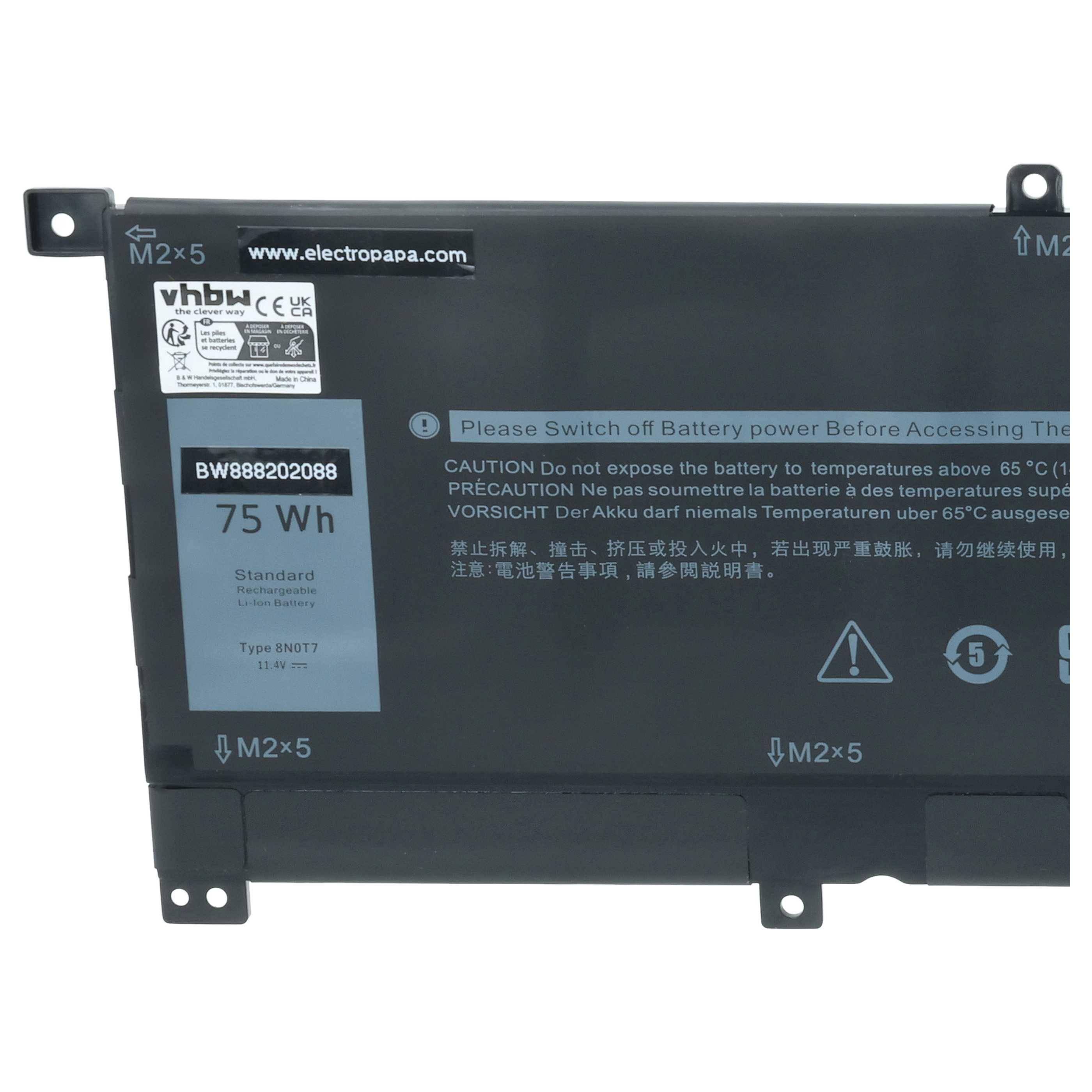 Schwarzer Laptop-Akku mit Beschriftung 75 Wh, Modell BW888202088 und Warntext, frontal dargestellt mit Befestigungslaschen.