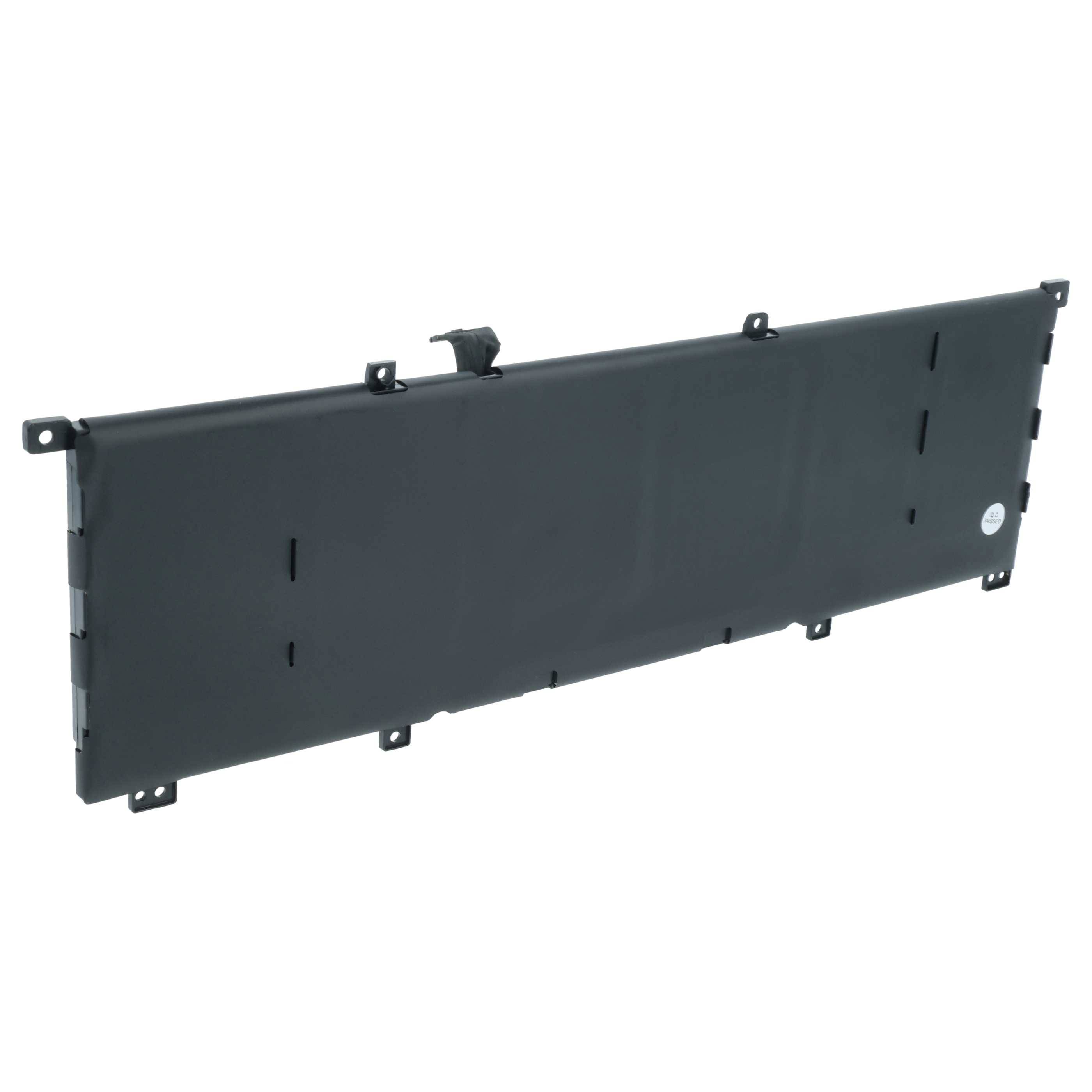 Eine schwarze rechteckige Laptop-Batterie mit sichtbaren Anschlussfahnen, konstruiert zum Einsetzen in das Gerät, die ihre Form und Gestalt veranschaulicht.