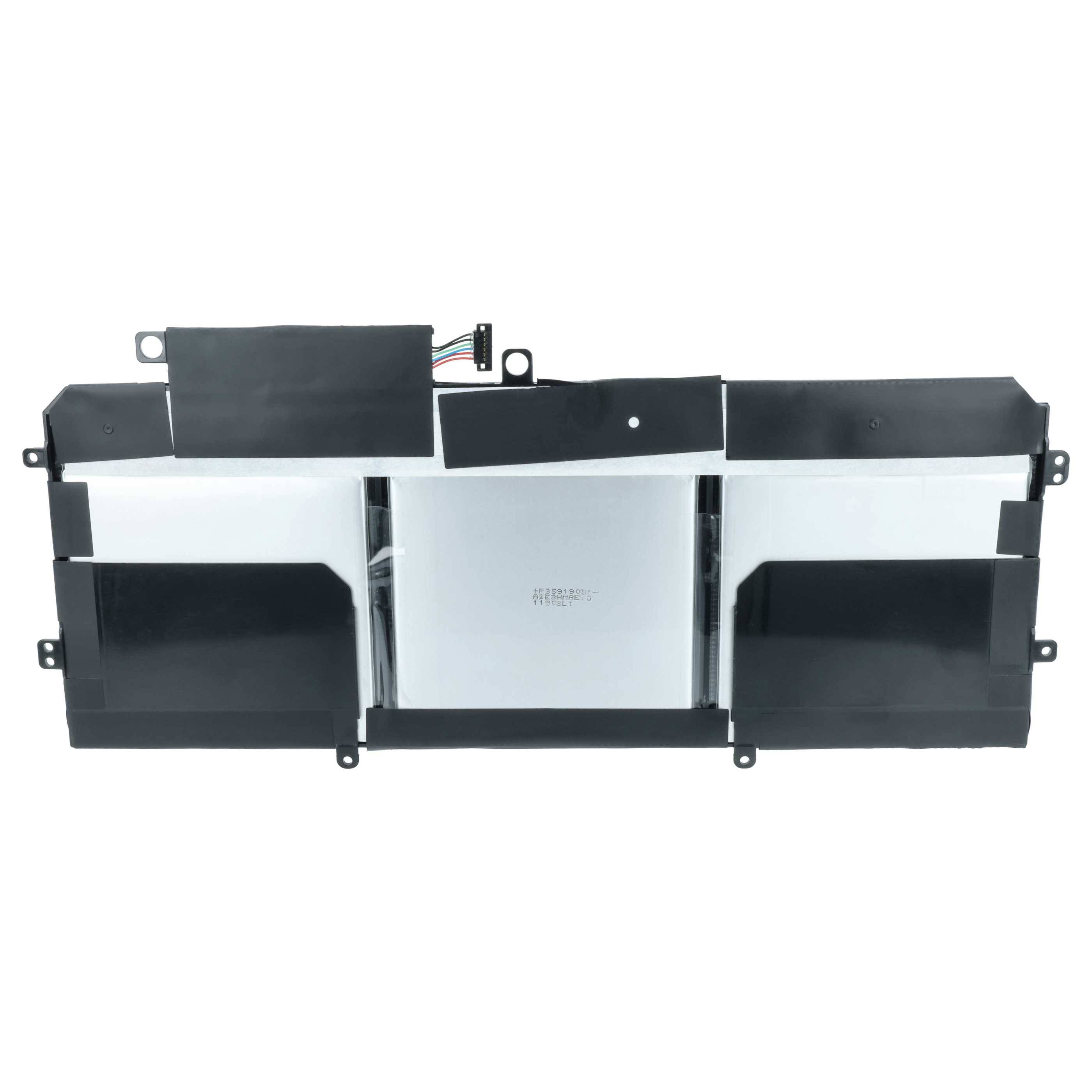 Ein rechteckiger Laptop-Akku mit mehreren Zellen und einem Stecker. Er hat ein schwarzes Gehäuse mit sichtbaren Metallpaneelen und Drähten oben.