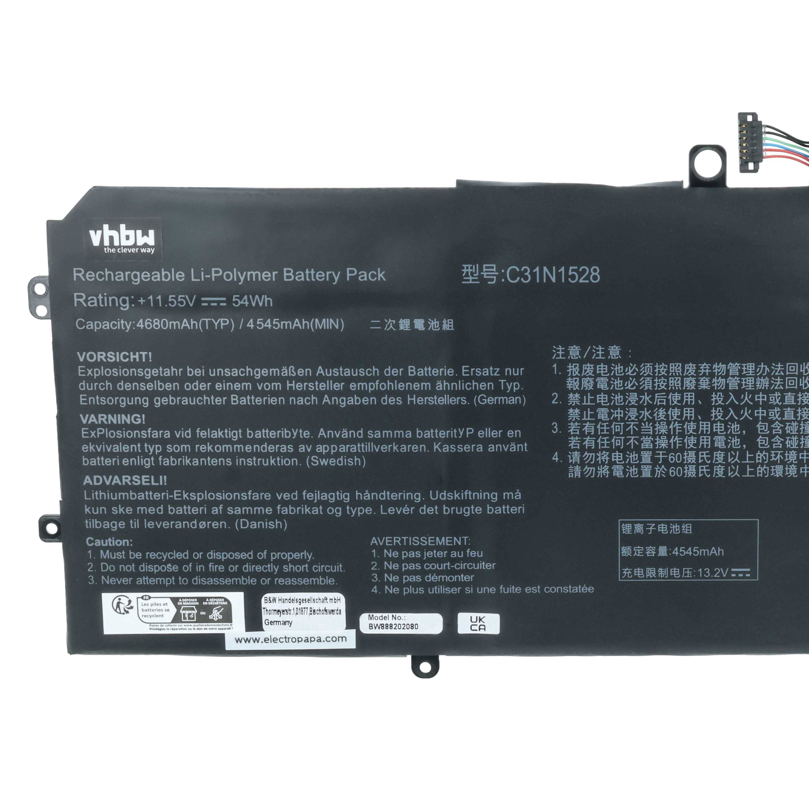vhbw Akku kompatibel mit Asus ZenBook UX306UA-VB72, UX306UA-FC114T, UX306UA-Q52S Notebook (4680 mAh, 11,55 V, Li-Polymer)