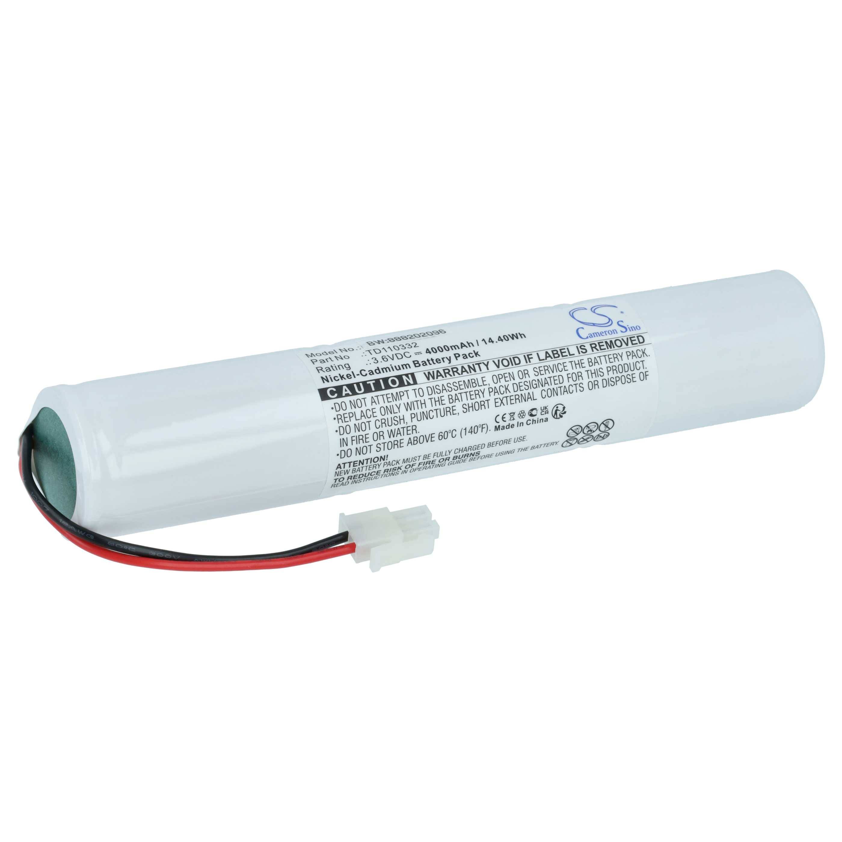Wiederaufladbares Batteriepaket mit zylindrischer weißer Form, mit Anschlussdrähten und einem Etikett, das Spezifikationen und Sicherheitswarnungen anzeigt.