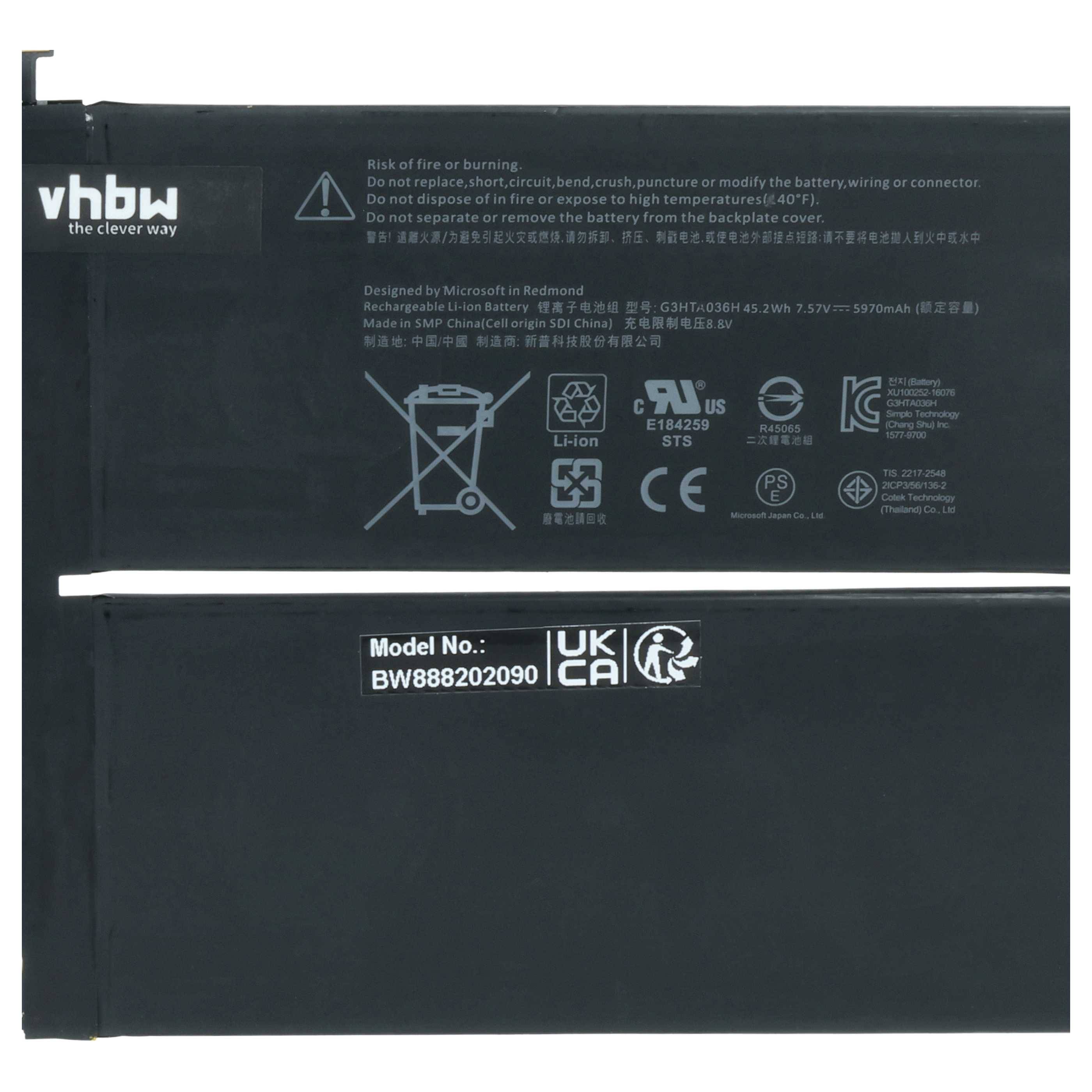 vhbw Akku Ersatz für Microsoft DYNK01, G3HTA036H für Notebook (5900 mAh, 7,57 V, Li-Polymer)