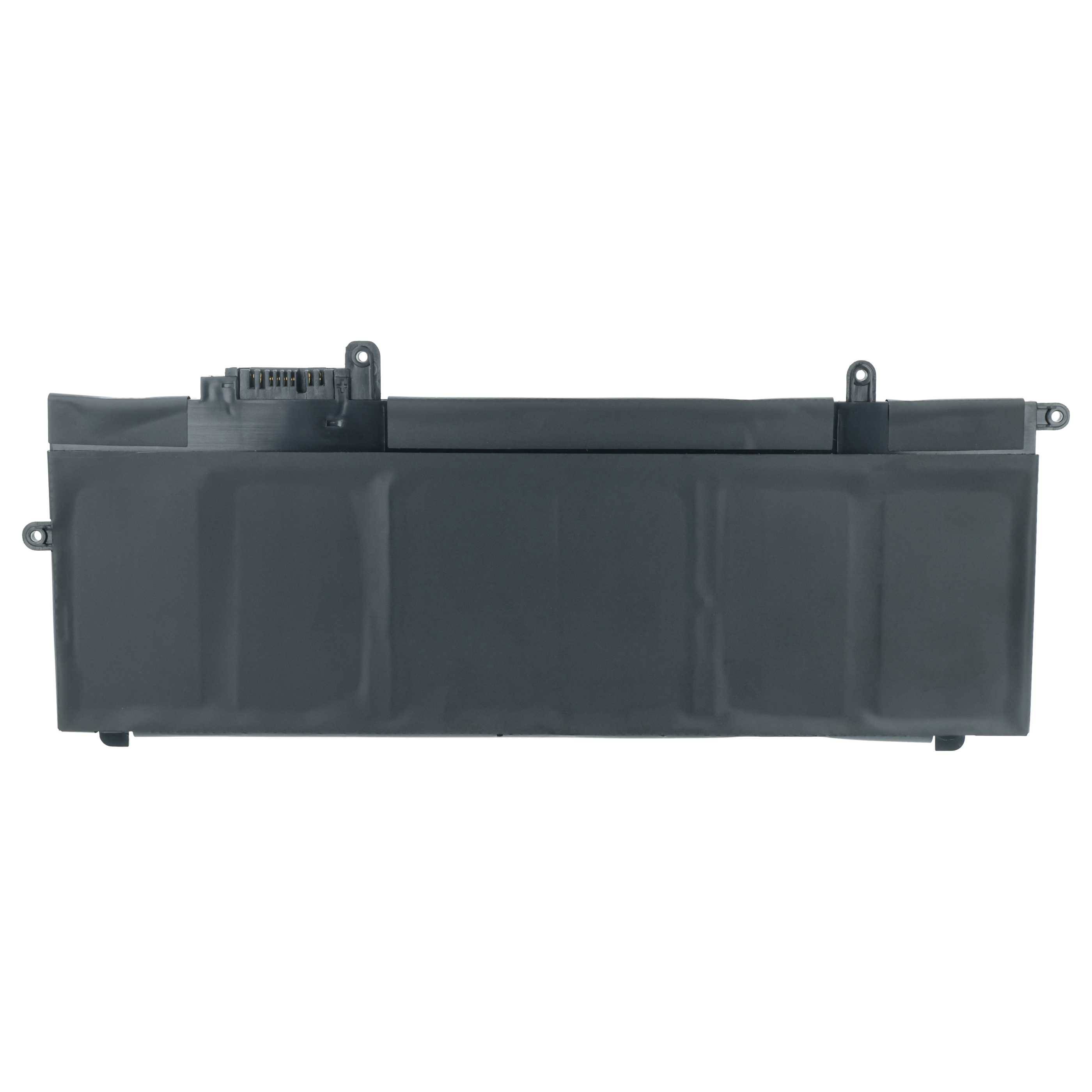 Eine schwarze rechteckige Laptop-Batterie mit Kunststoffgehäuse und Metallsteckern oben, die zum internen Einbau in Geräten ausgelegt ist.