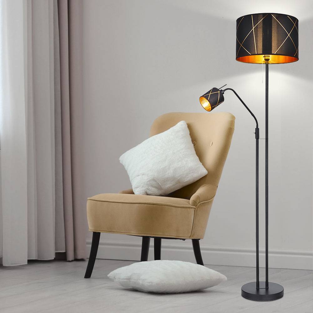 Stehlampe Wohnzimmer mit Leselampe Deckenfluter schwarz gold, Textilschirm, Leseleuchte flexibel getrennt schaltbar, 1x E27 1x E14, DxH 40x175 cm