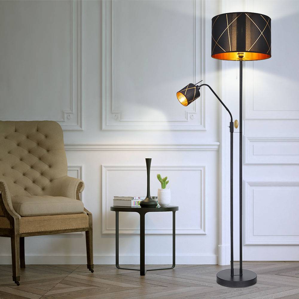 Stehlampe Wohnzimmer mit Leselampe Deckenfluter schwarz gold, Textilschirm, Leseleuchte flexibel getrennt schaltbar, 1x E27 1x E14, DxH 40x175 cm