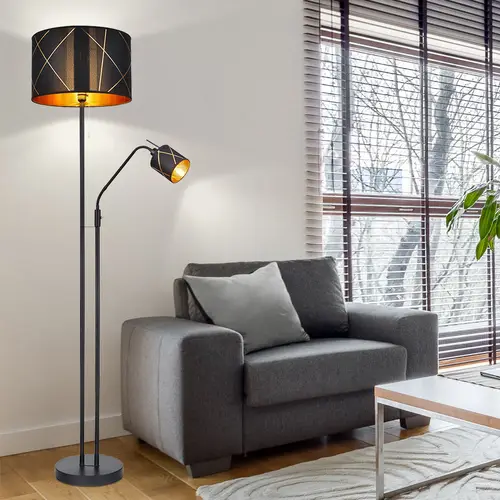 Stehlampe Wohnzimmer mit Leselampe Deckenfluter schwarz gold, Textilschirm, Leseleuchte flexibel getrennt schaltbar, 1x E27 1x E14, DxH 40x175 cm Stehlampe Wohnzimmer mit Leselampe Deckenfluter schwarz gold, Textilschirm, Leseleuchte flexibel getrennt schaltbar, 1x E27 1x E14, DxH 40x175 cm