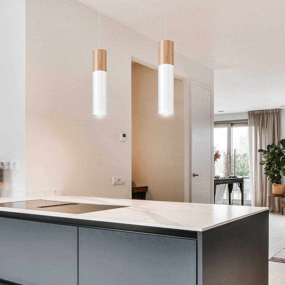 Pendelleuchte weiß Stahl Hängeleuchte natur Holz Zylinder Esszimmerlampe Wohnzimmer Hängelampe Modern,2x GU10, DxH 34x100 cm
