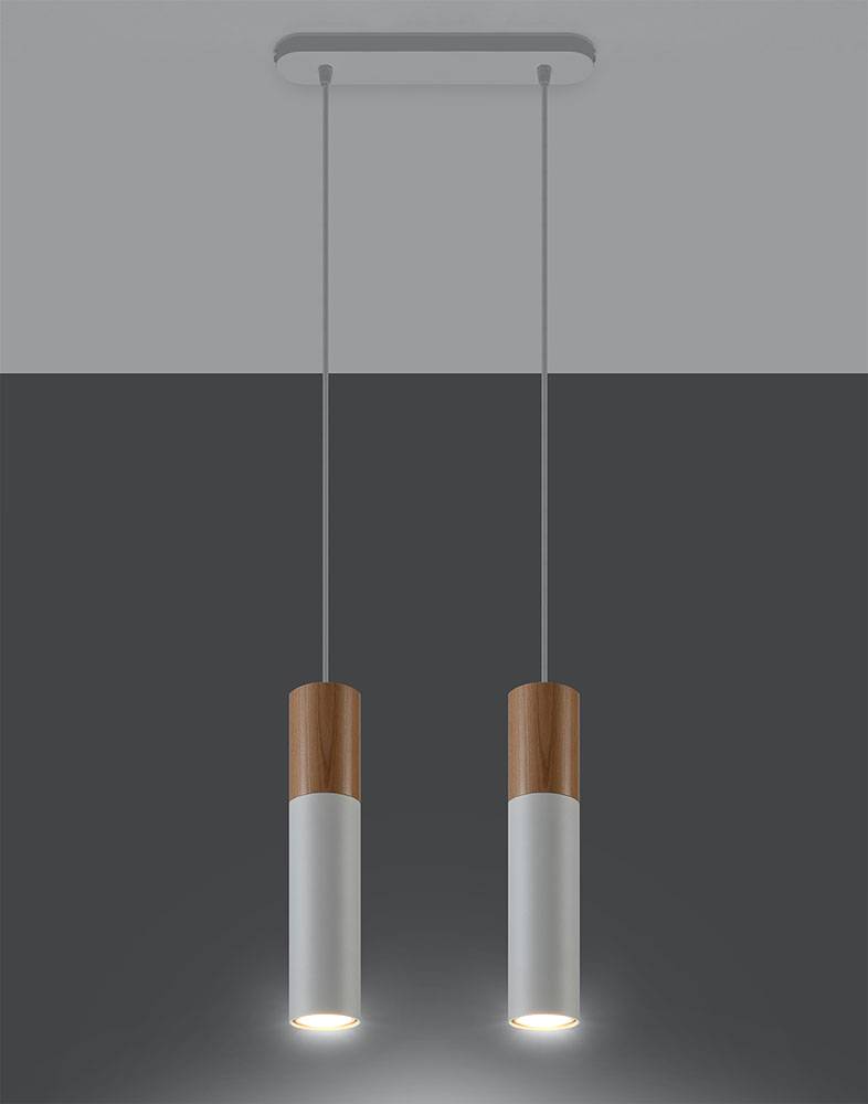 Pendelleuchte weiß Stahl Hängeleuchte natur Holz Zylinder Esszimmerlampe Wohnzimmer Hängelampe Modern,2x GU10, DxH 34x100 cm