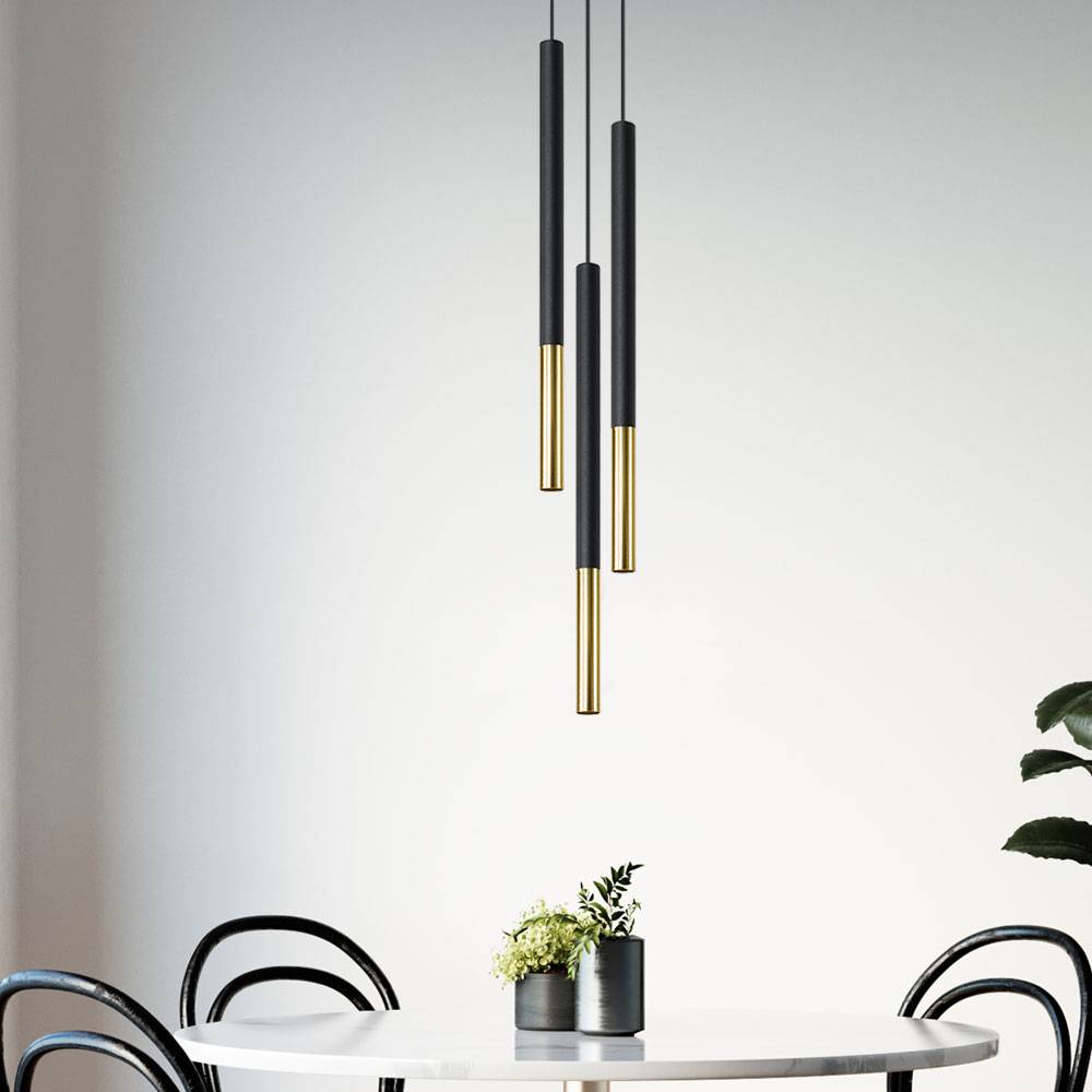 Pendelleuchte 3-flammig Metall Hängelampe Esszimmer Design Pendelleuchte 3 flammig schwarz, aus Stahl mit gold Akzent, 1x G9, DxH 20x110 cm