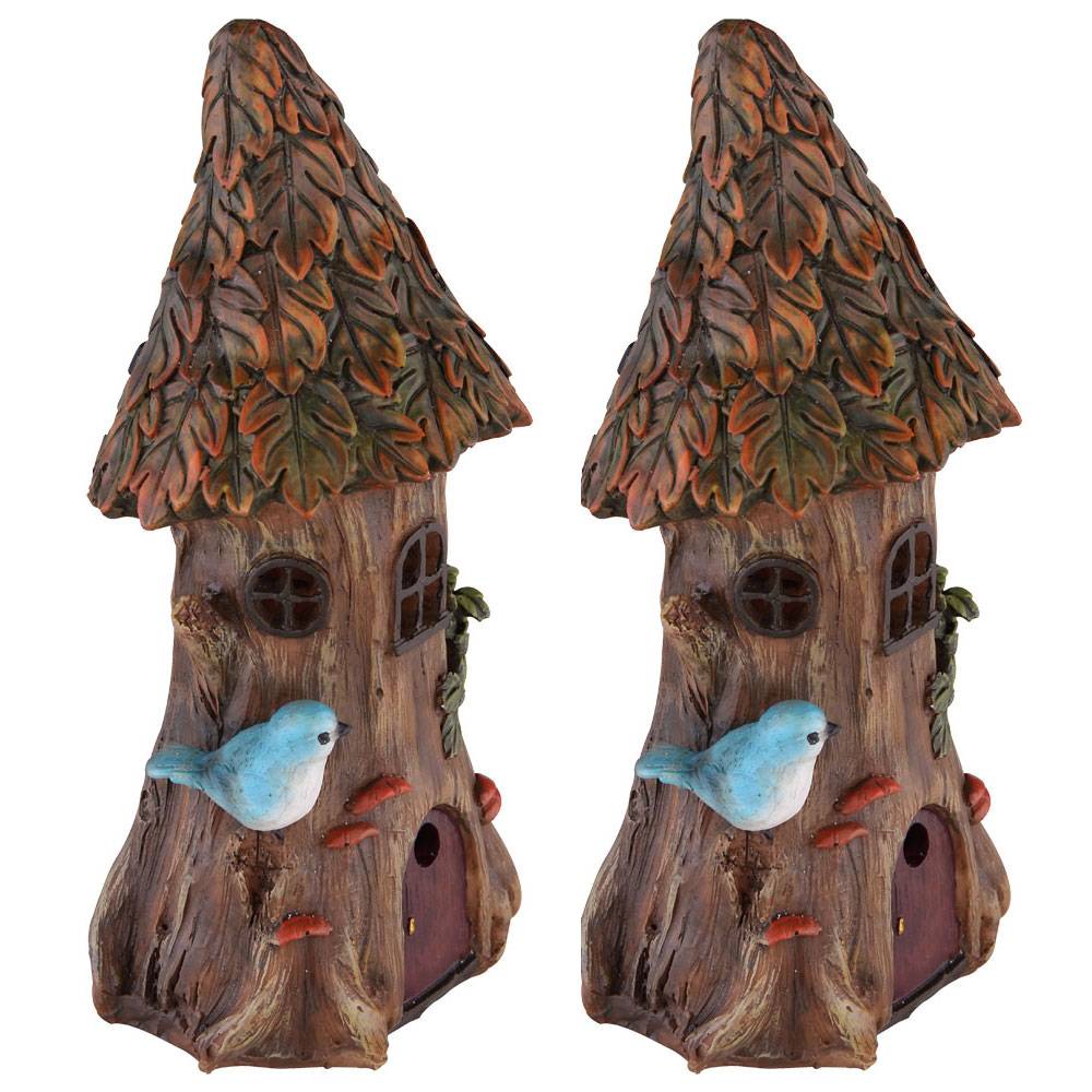 Feenhaus für den Garten Solar Solardeko für Außen Garten Solarleuchten für Außen Deko Figur, Baumstamm Haus, 1x LED warmweiß, H 23 cm, 2er Set
