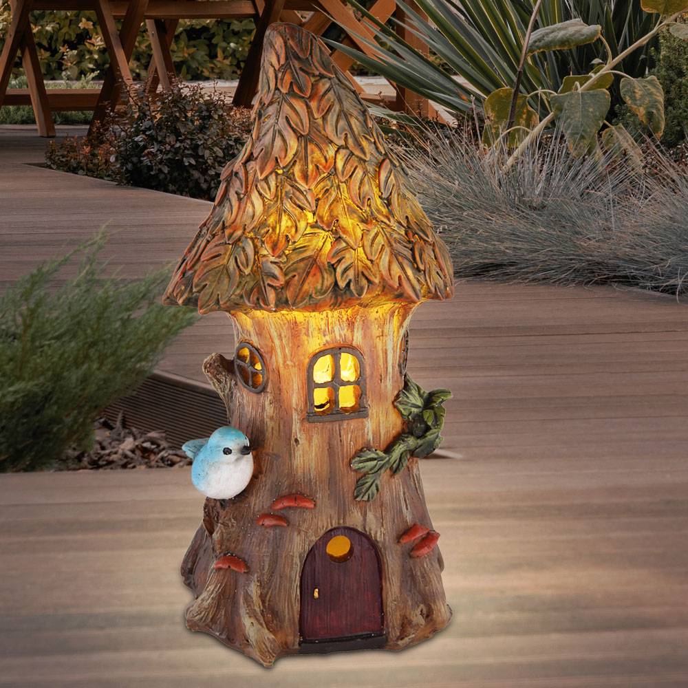 Feenhaus für den Garten Solar Solardeko für Außen Garten Solarleuchten für Außen Deko Figur, Baumstamm Haus, 1x LED warmweiß, H 23 cm, 2er Set