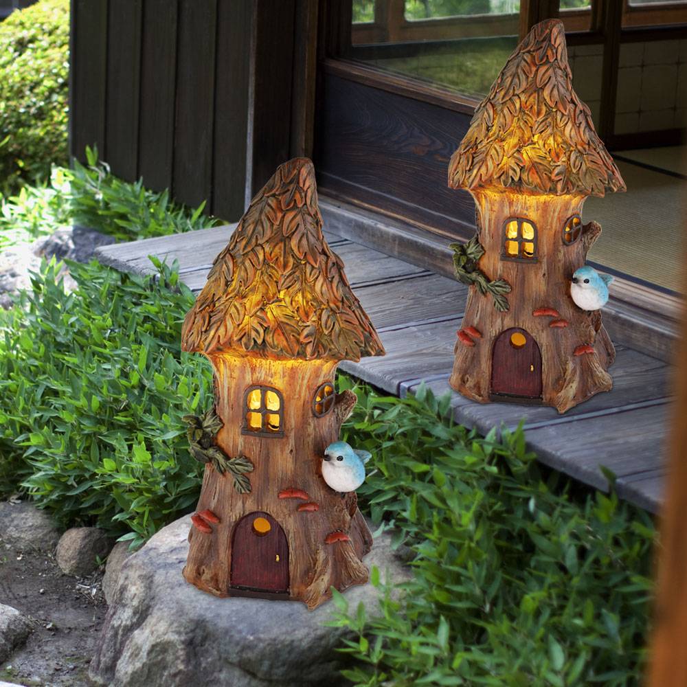 Feenhaus für den Garten Solar Solardeko für Außen Garten Solarleuchten für Außen Deko Figur, Baumstamm Haus, 1x LED warmweiß, H 23 cm, 2er Set