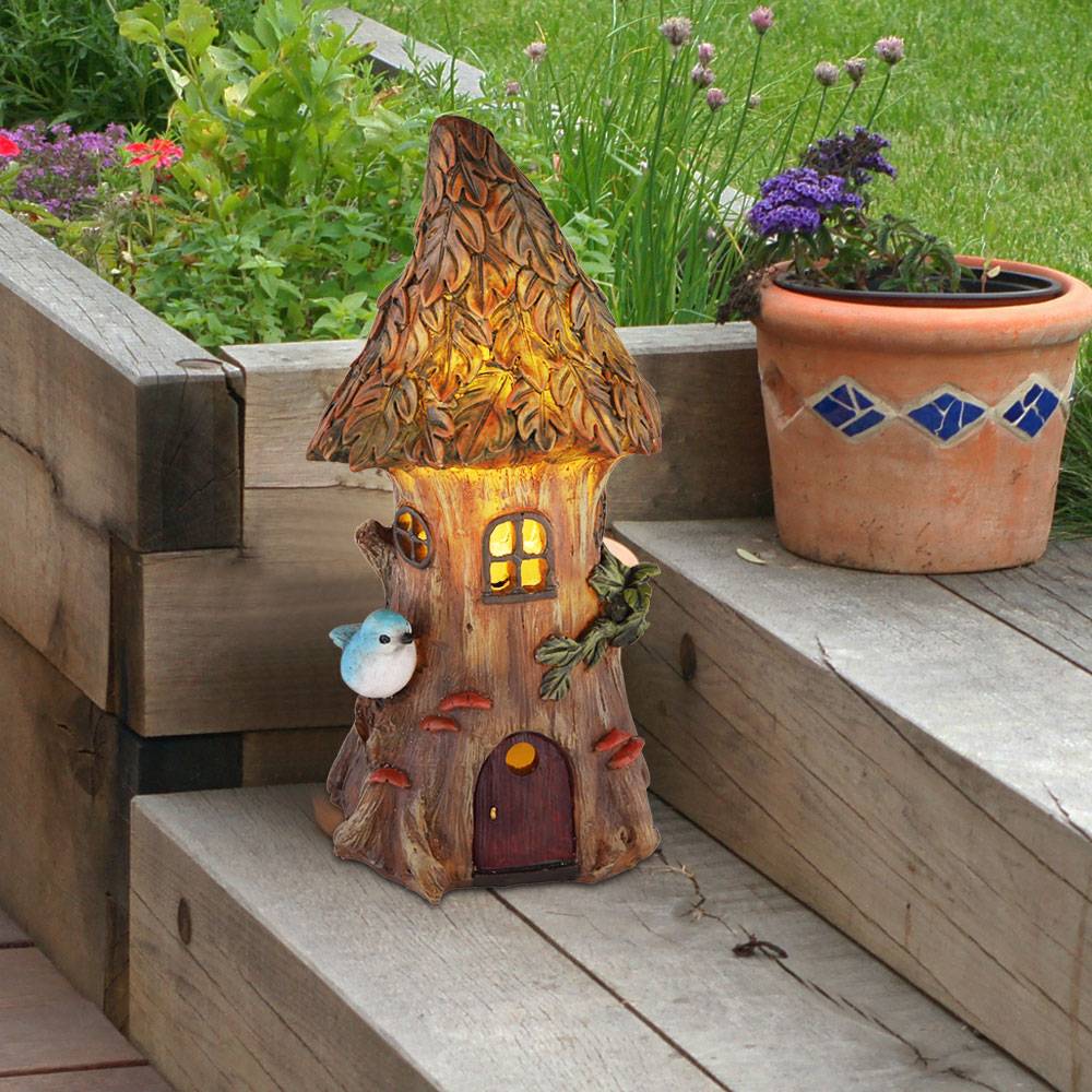 Feenhaus für den Garten Solar Solardeko für Außen Garten Solarleuchten für Außen Deko Figur, Baumstamm Haus, 1x LED warmweiß, H 23 cm, 2er Set