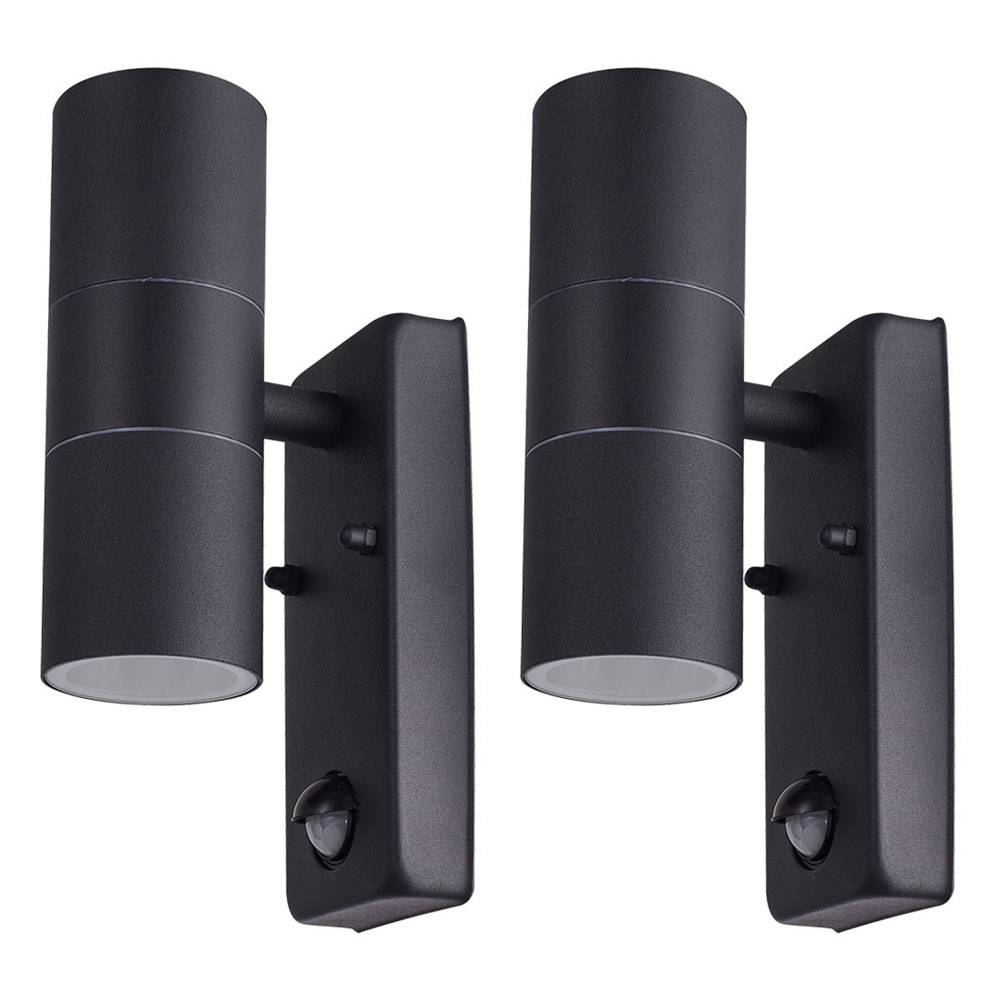 Außenwandleuchte mit Bewegungsmelder rund Wand Außenleuchte Terrasse Aussenleuchte Up Down, Aluminium Druckguss schwarz, 2x GU10, DxH 6x11,5 cm, 2er