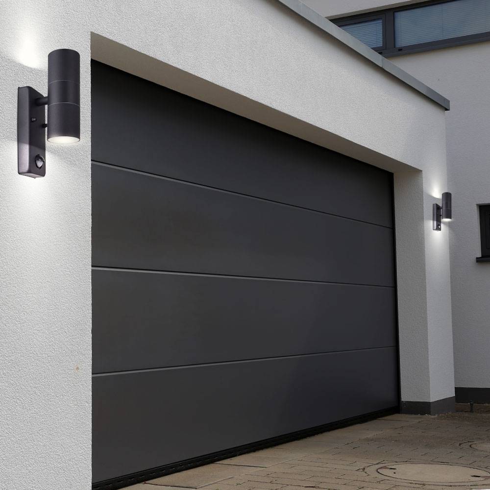 Außenwandleuchte mit Bewegungsmelder rund Wand Außenleuchte Terrasse Aussenleuchte Up Down, Aluminium Druckguss schwarz, 2x GU10, DxH 6x11,5 cm, 2er