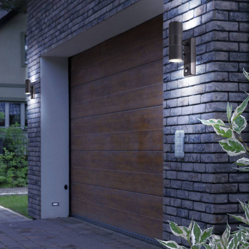 Außenwandleuchte mit Bewegungsmelder rund Wand Außenleuchte Terrasse Aussenleuchte Up Down, Aluminium Druckguss schwarz, 2x GU10, DxH 6x11,5 cm, 2er