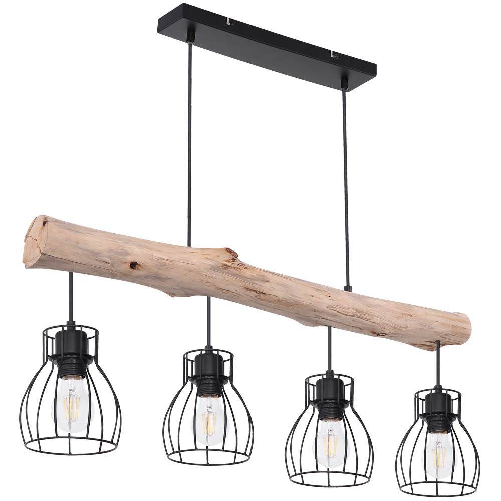 LED Hängelampe Holzbalken Pendelleuchte 4 flammig Esstischlampe Käfig Design, Metall schwarz, 4x 7W 4x 806lm warmweiß, LxH 82,5 x 140 cm