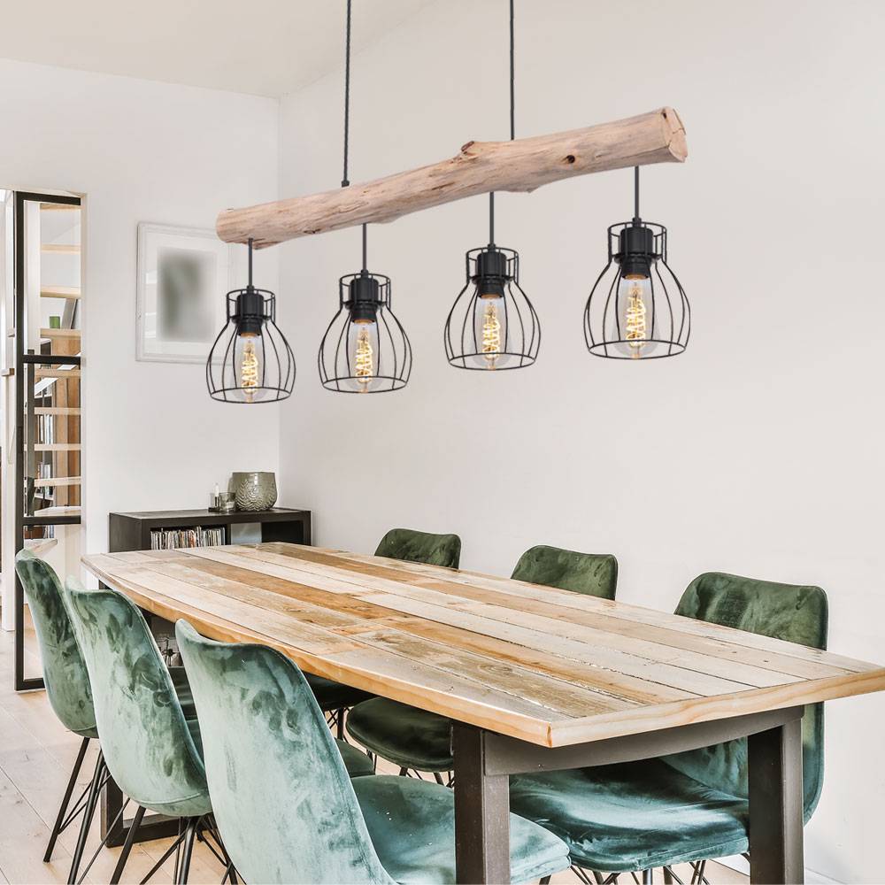 LED Hängelampe Holzbalken Pendelleuchte 4 flammig Esstischlampe Käfig Design, Metall schwarz, 4x 7W 4x 806lm warmweiß, LxH 82,5 x 140 cm