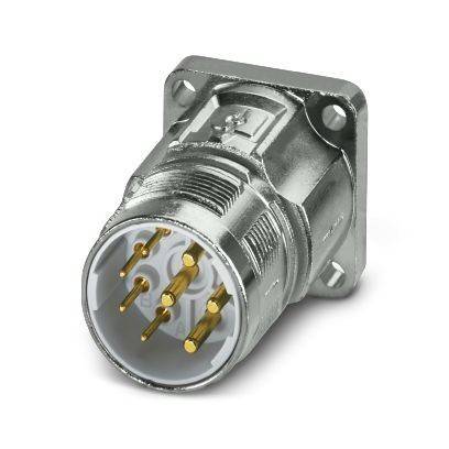 Metallischer kreisförmiger 5-pohliger Elektrostecker mit quadratischer Flanschbefestigung, in Nahaufnahme auf weißem Hintergrund dargestellt.