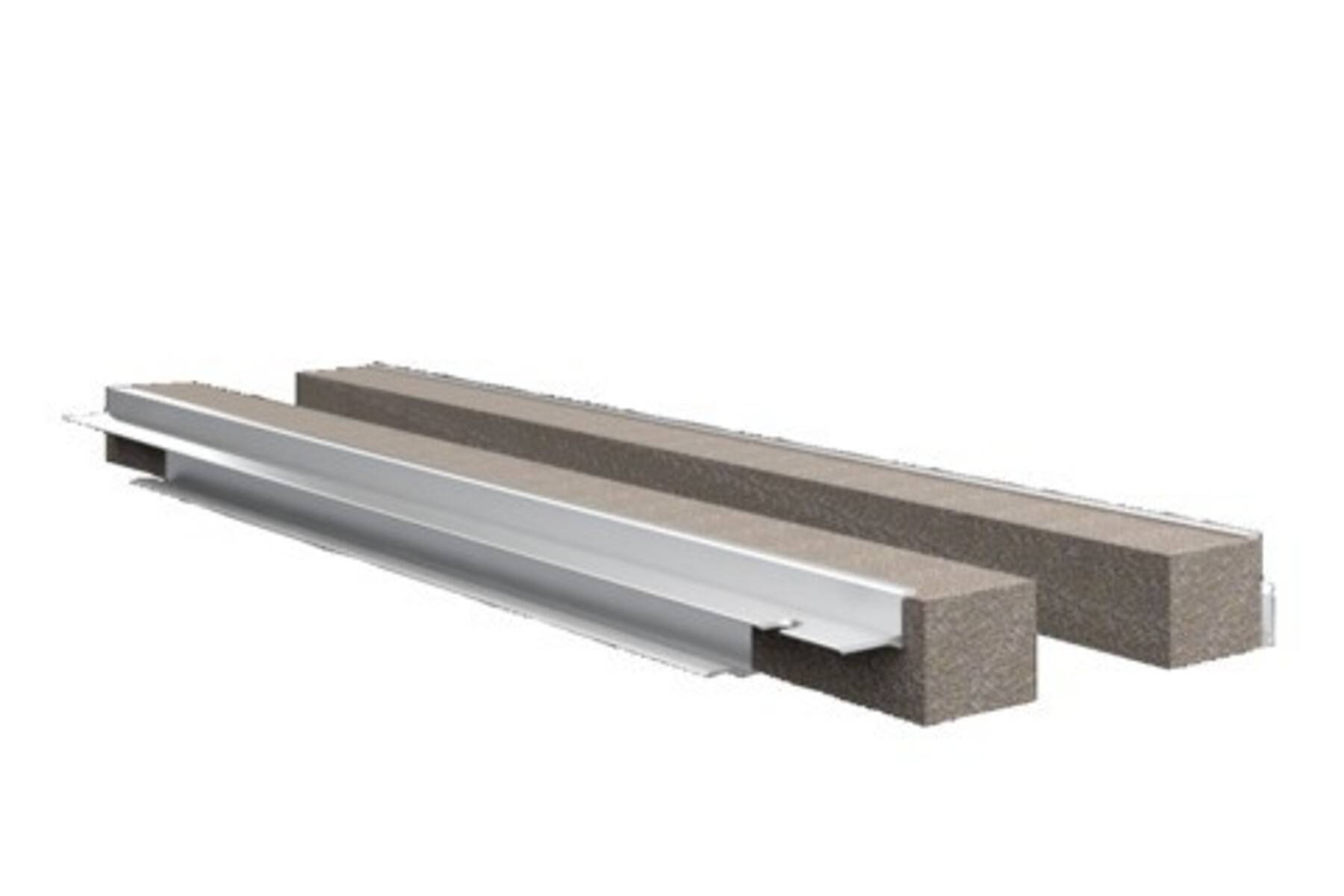 3D-Schnittansicht eines Metallablaufkanals oder einer Rinnenauskleidung in einem rechteckigen Betonblock.