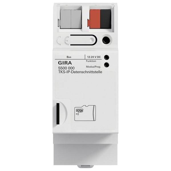 Gira TKS-IP-Datenschnittstelle 5500 000' Gerät, das Bus- und Stromverbinder zeigt, mit schwarzen und roten Anschlussmarkierungen.