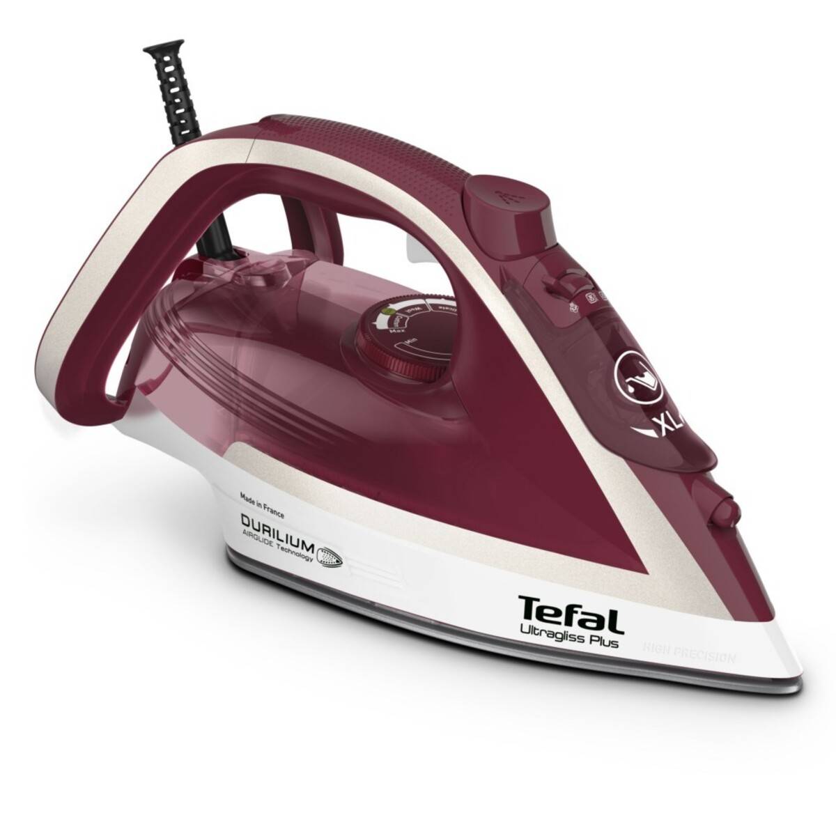 Kastanienbraunes und weißes Tefal-Dampfbügeleisen, in der Seitenansicht auf weißem Hintergrund dargestellt.