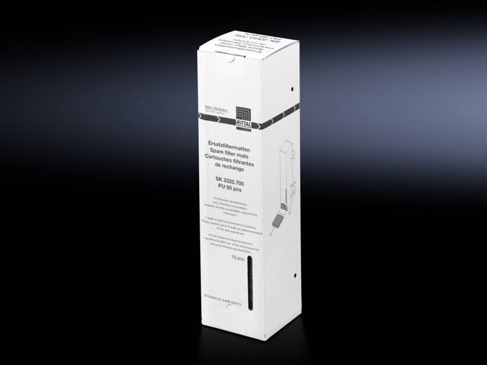 Eine weiße rechteckige Box mit Rittal-Ersatzfiltermatte mit Produktdetails in mehreren Sprachen.