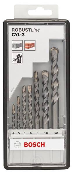 Satz von sieben Metallbohrern in verschiedenen Größen, in einer Kunststoffbox präsentiert, mit Symbolen gekennzeichnet, die die Kompatibilität mit bestimmten Materialien angeben.