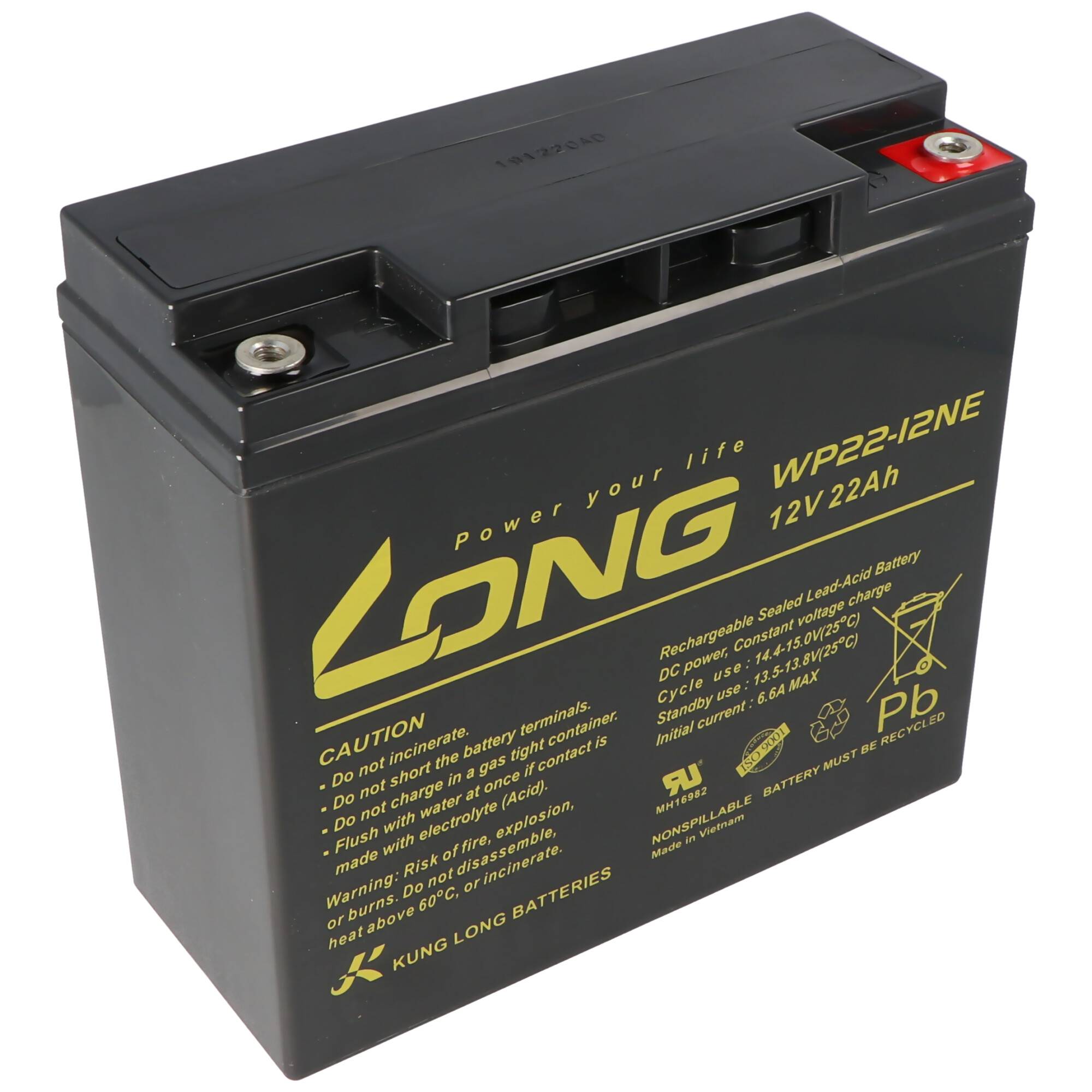 Schwarze 12V 22Ah wiederaufladbare Blei-Säure-Batterie mit Anschlüssen oben und gelbem LONG-Branding.