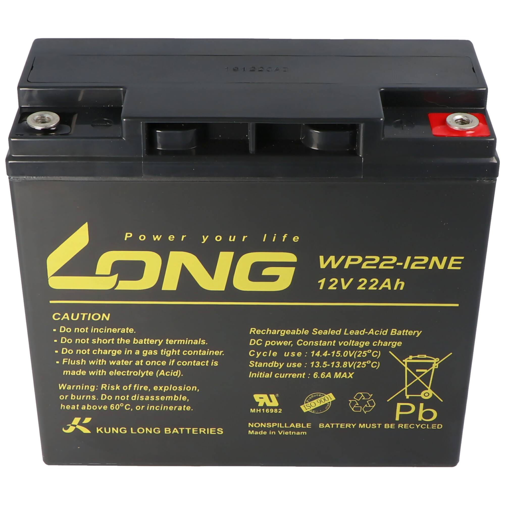 Schwarze 12V 22Ah LONG versiegelte Blei-Säure-Wiederaufladebatterie mit sichtbaren positiven und negativen Anschlüssen auf der Oberseite.