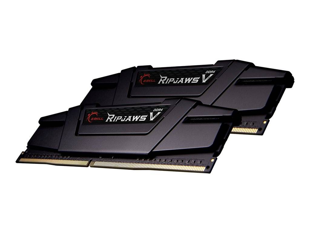 Zwei schwarze G.SKILL Ripjaws V DDR4-RAM-Module auf weißem Hintergrund.